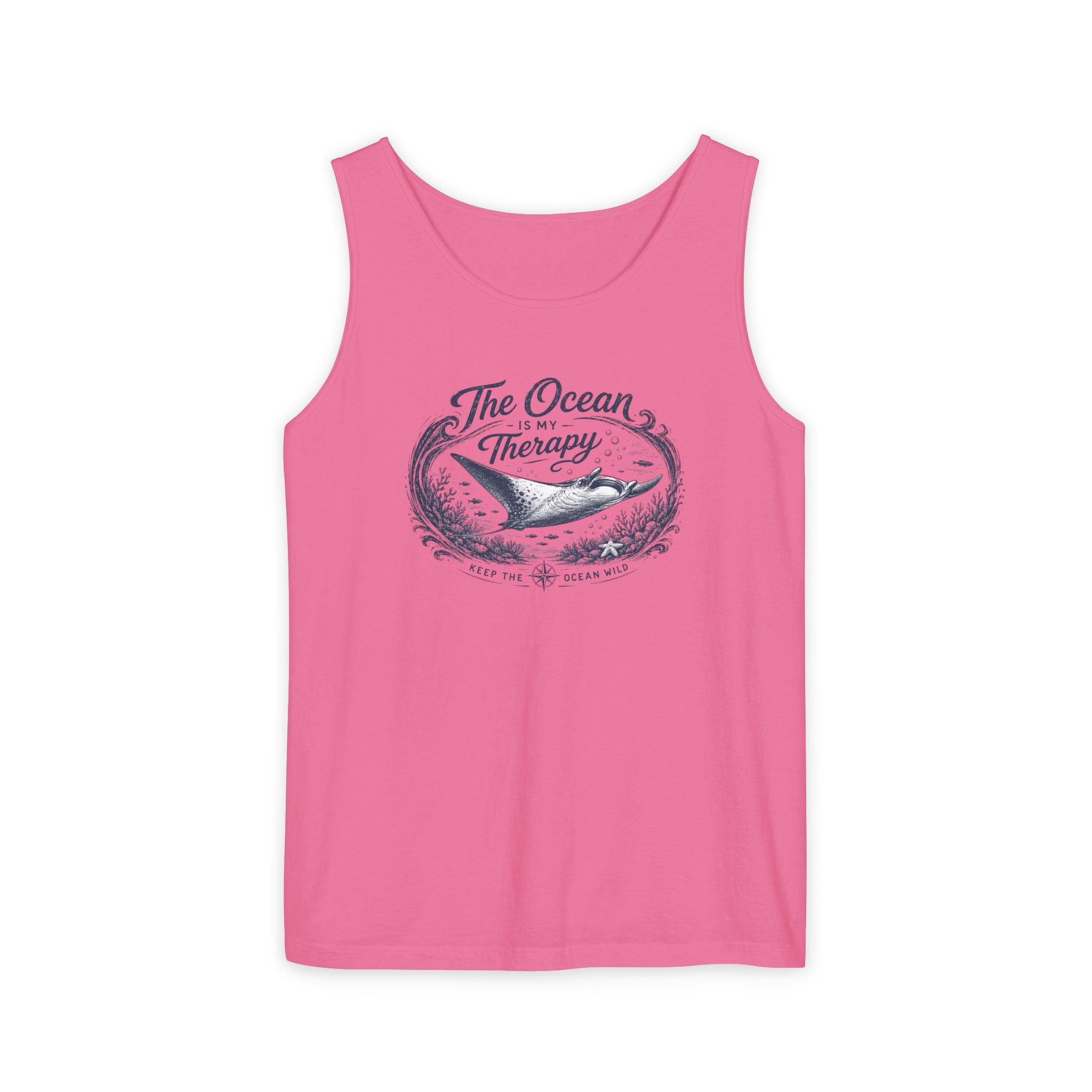 The Ocean Is My Therapy | Vintage Manta Ray Graphic Shirt | Keep the Ocean Wild - Unisex Garment-Dyed Tank Top