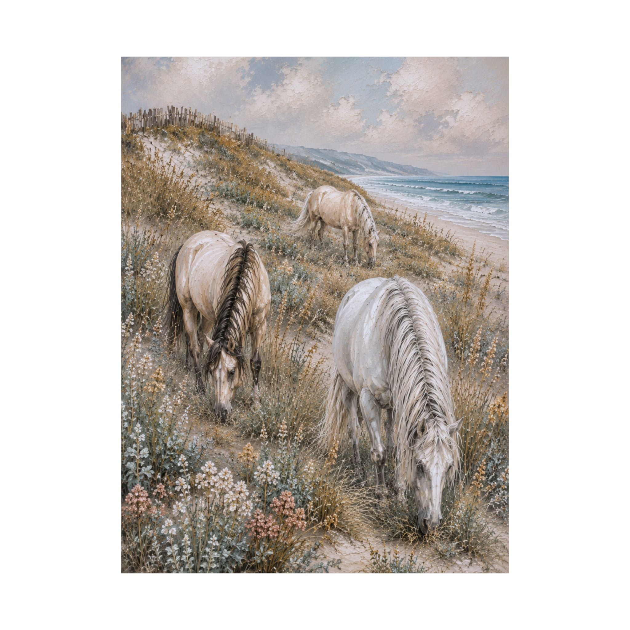 Three graceful horses graze among coastal dunes overlooking the sea in this serene equestrian artwork featuring soft neutral tones, textured details, and timeless seaside beauty.