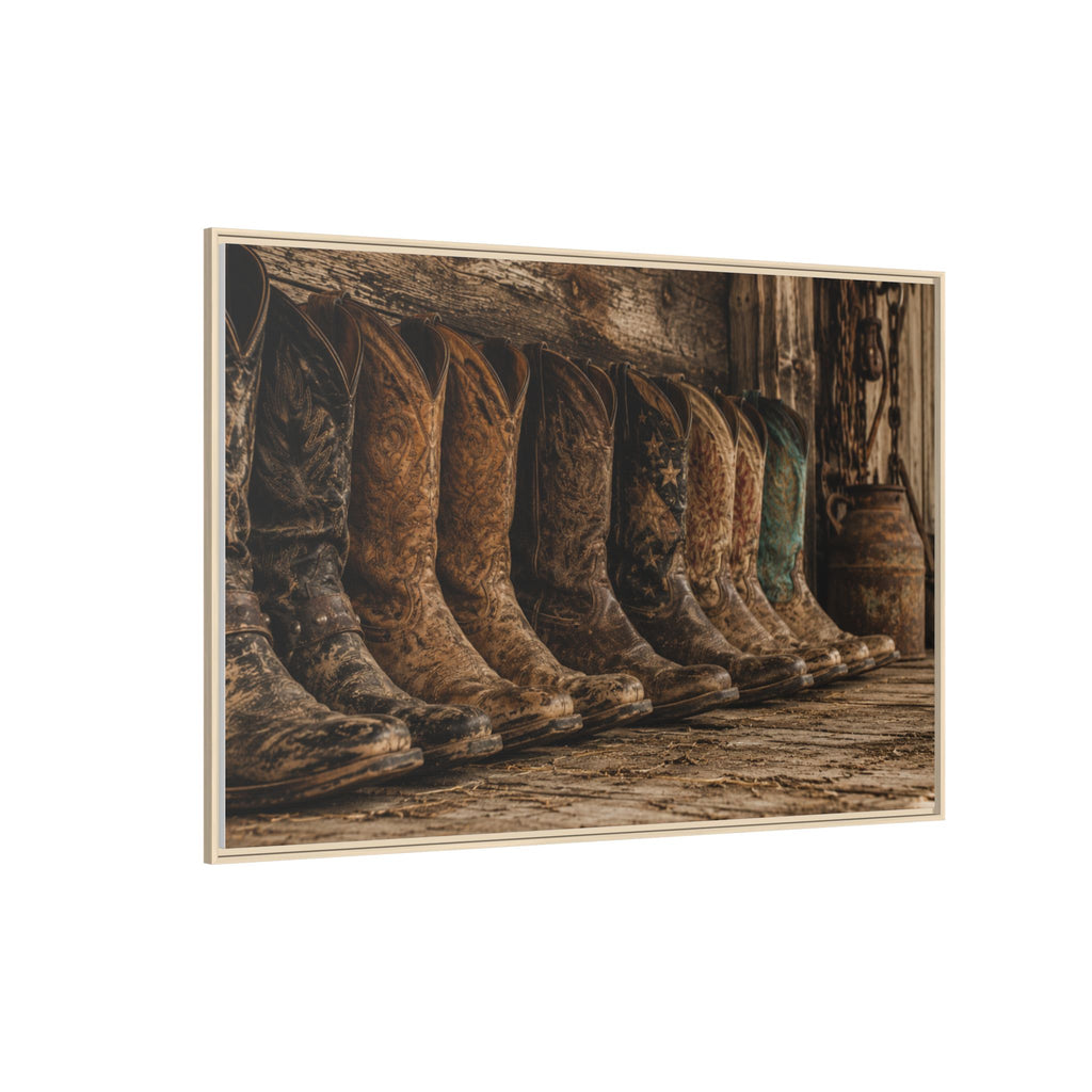 Legends in Leather - Framed Matte Canvas Print — Vintage Cowboy Boots Wall Art