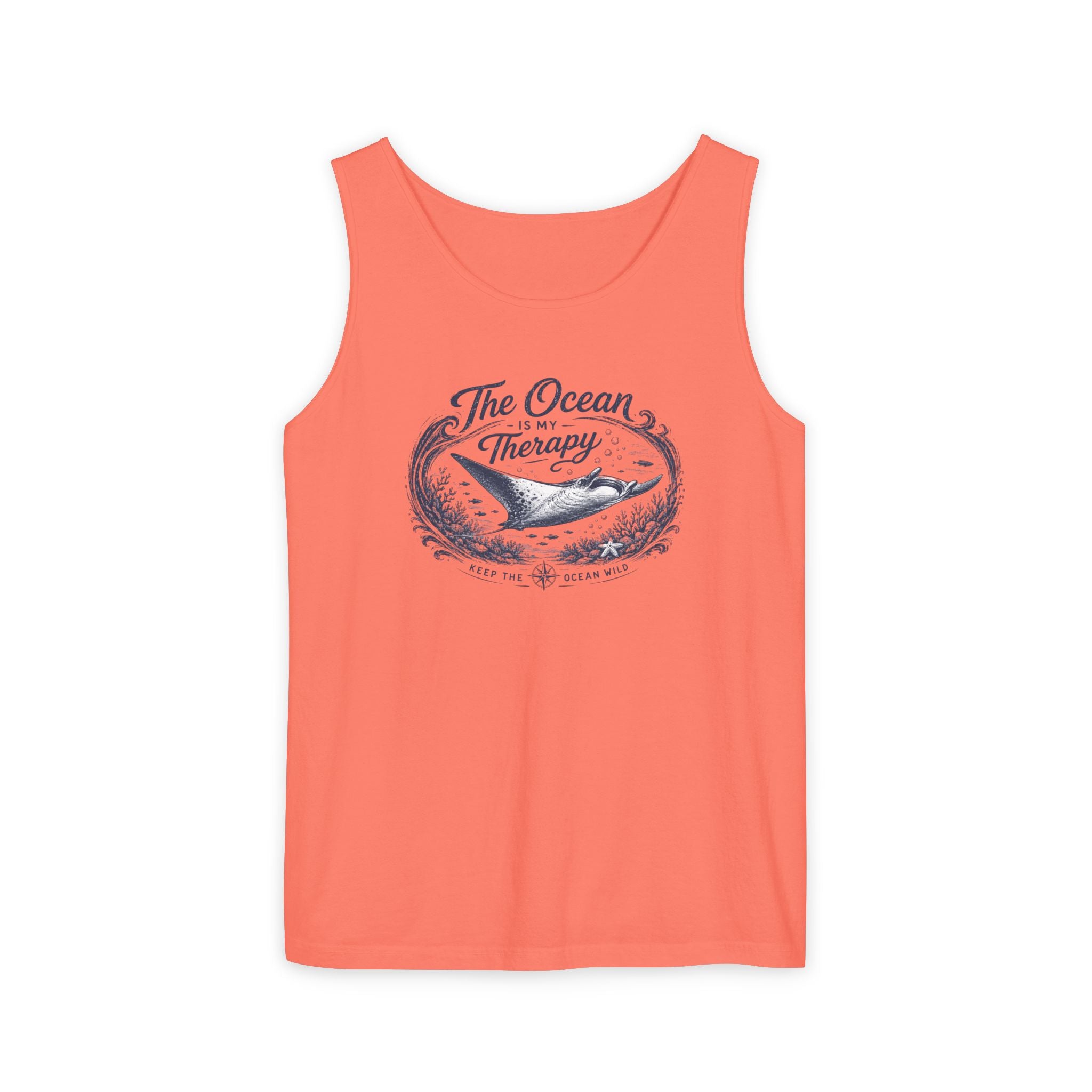 The Ocean Is My Therapy | Vintage Manta Ray Graphic Shirt | Keep the Ocean Wild - Unisex Garment-Dyed Tank Top