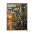 Natural Frame - A serene Southern wetland painting featuring majestic cypress trees, glowing sunset reflections, and peaceful waters. Rich colors and timeless beauty make this signed artwork a stunning addition to traditional, coastal, farmhouse, and rustic interiors.