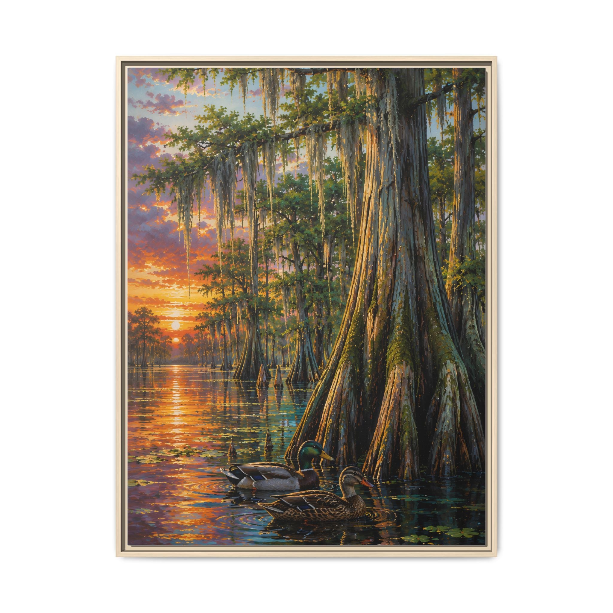 Natural Frame - A serene Southern wetland painting featuring majestic cypress trees, glowing sunset reflections, and peaceful waters. Rich colors and timeless beauty make this signed artwork a stunning addition to traditional, coastal, farmhouse, and rustic interiors.
