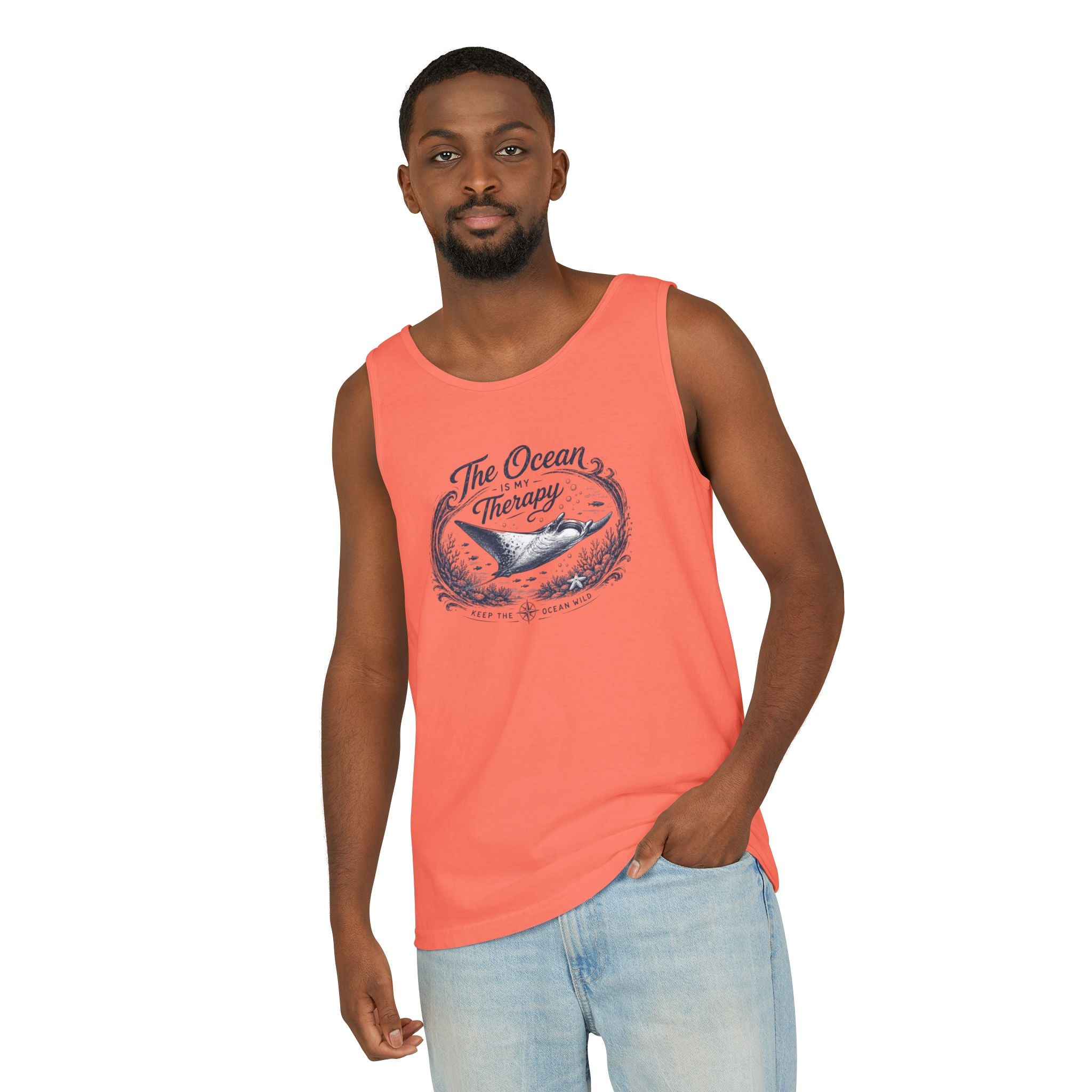 The Ocean Is My Therapy | Vintage Manta Ray Graphic Shirt | Keep the Ocean Wild - Unisex Garment-Dyed Tank Top