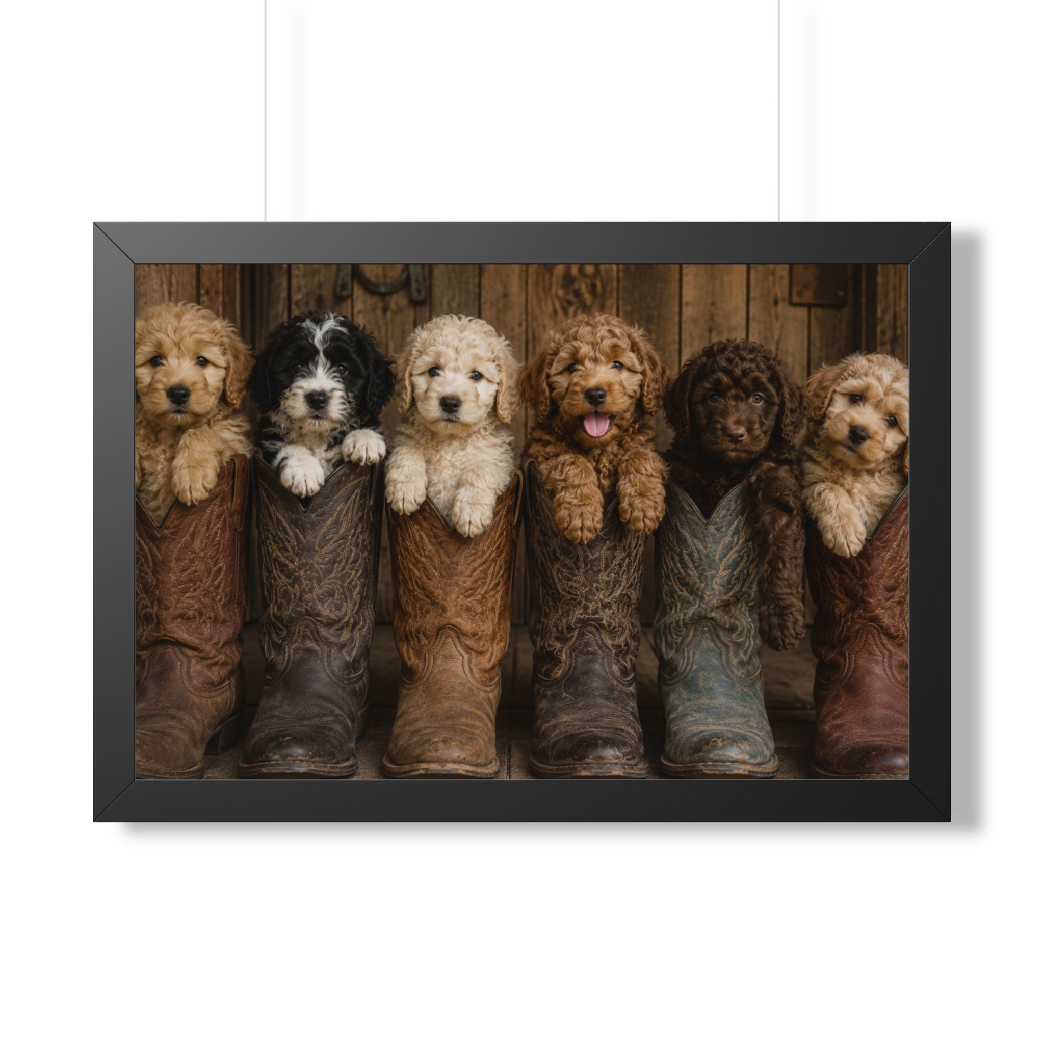 Living Room - Six adorable puppies nestled inside weathered cowboy boots create a heartwarming blend of Western charm, playful personalities, and rustic farmhouse style.