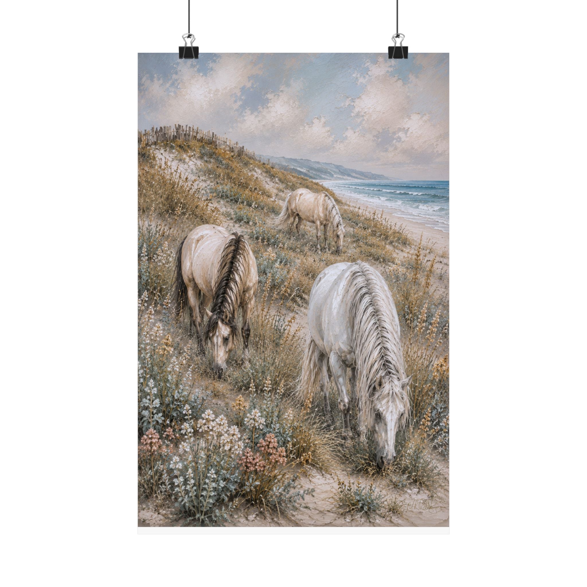 Three graceful horses graze among coastal dunes overlooking the sea in this serene equestrian artwork featuring soft neutral tones, textured details, and timeless seaside beauty.
