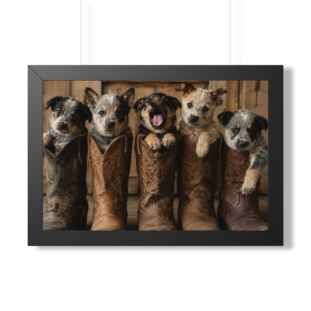 Adorable puppies peeking from weathered cowboy boots create a heartwarming blend of Western charm, playful personalities, and rustic farmhouse style.