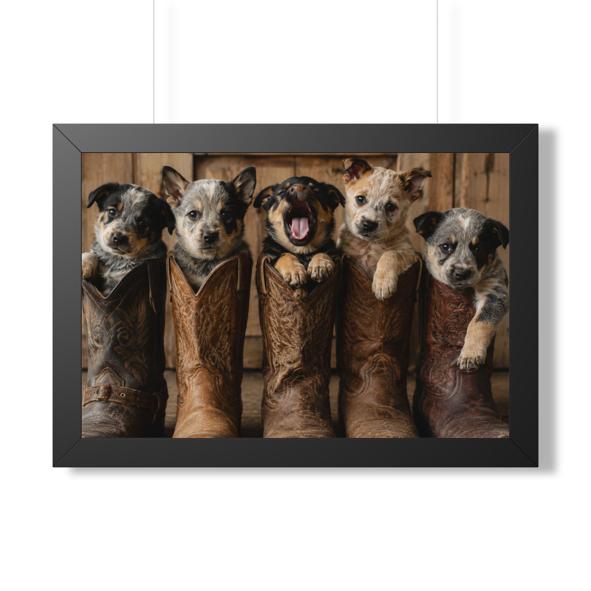 Adorable puppies peeking from weathered cowboy boots create a heartwarming blend of Western charm, playful personalities, and rustic farmhouse style.
