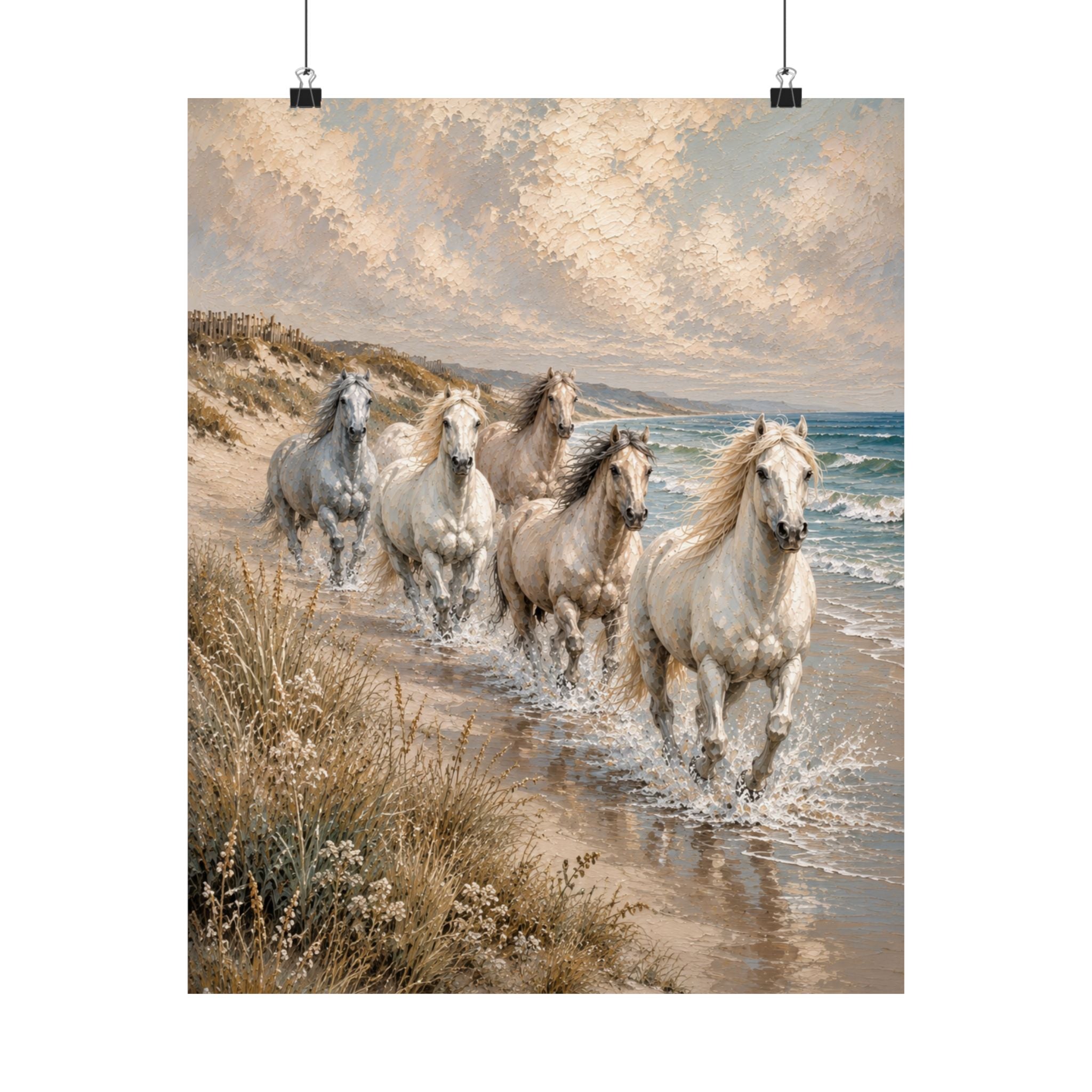 Run With The Tide -  Matte Poster — Horse Beach Wall Art (Cream Sand Blue)