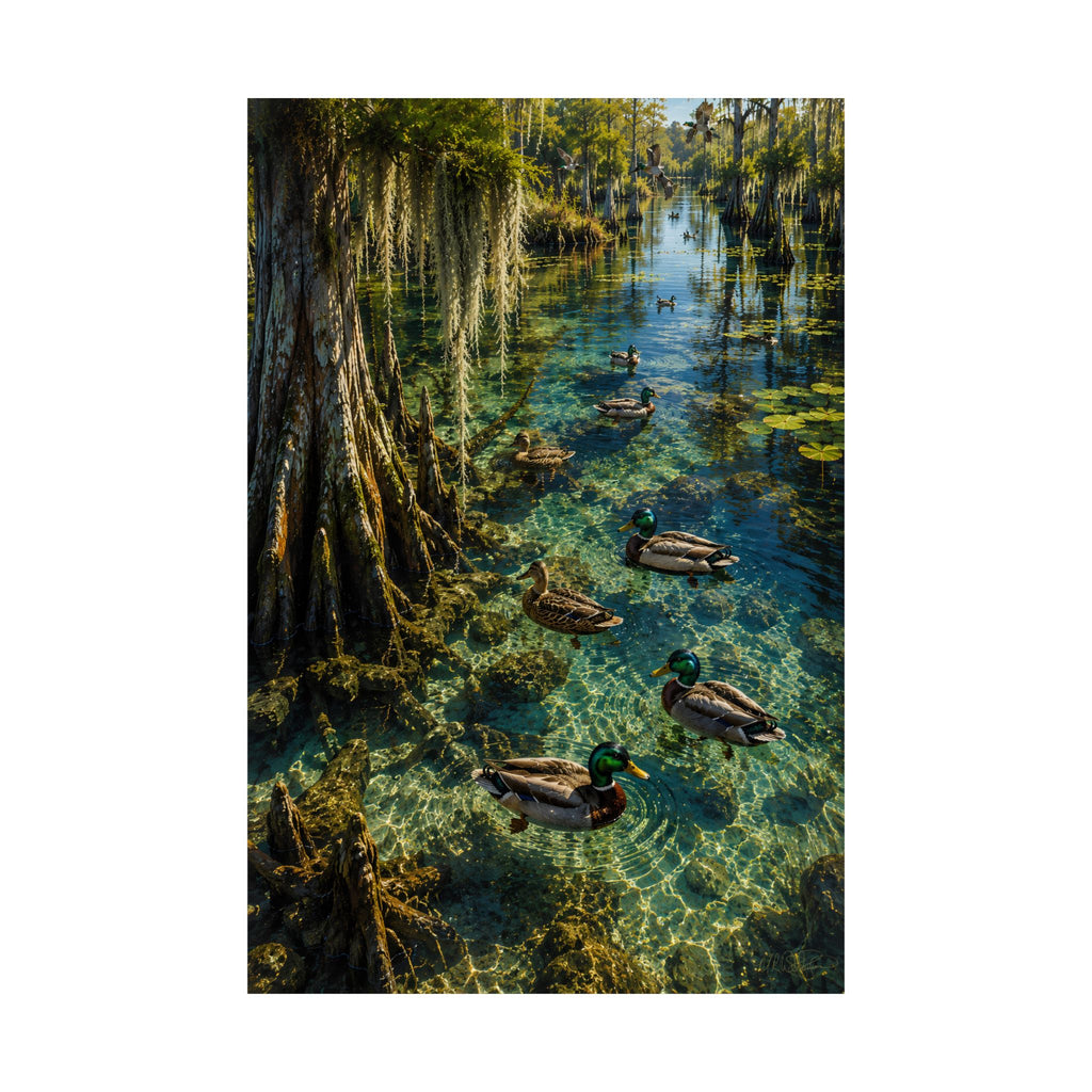 Where the Water Runs Clear – Southern waterscape matte poster with mallard ducks in crystal-clear spring water beneath cypress trees