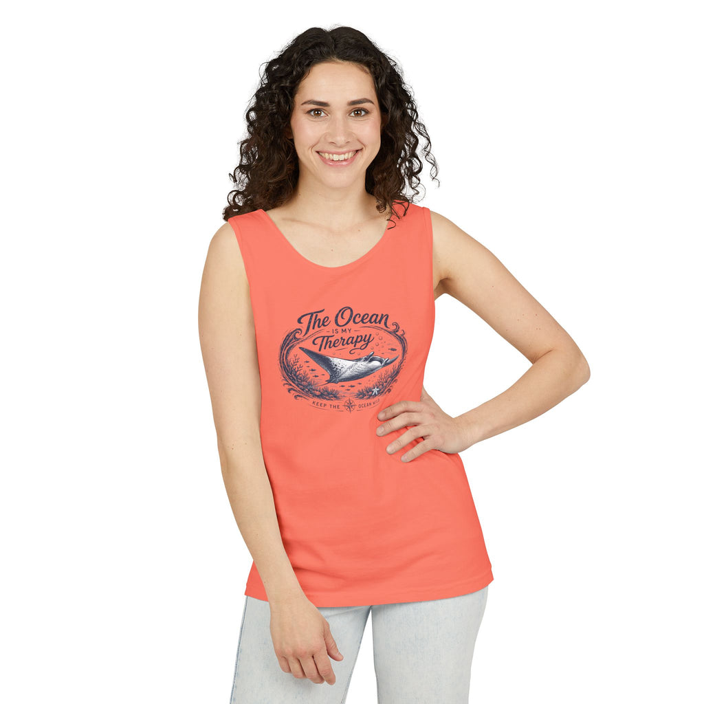 The Ocean Is My Therapy | Vintage Manta Ray Graphic Shirt | Keep the Ocean Wild - Unisex Garment-Dyed Tank Top