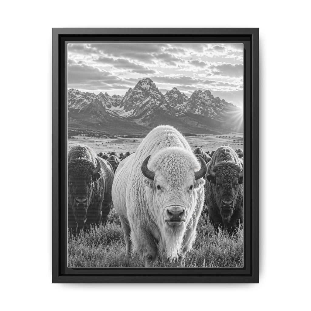A striking black-and-white wildlife photograph featuring a rare white bison leading its herd beneath towering mountain peaks. Bold, timeless, and rich with western character, this fine art image celebrates the power and majesty of the American wilderness.