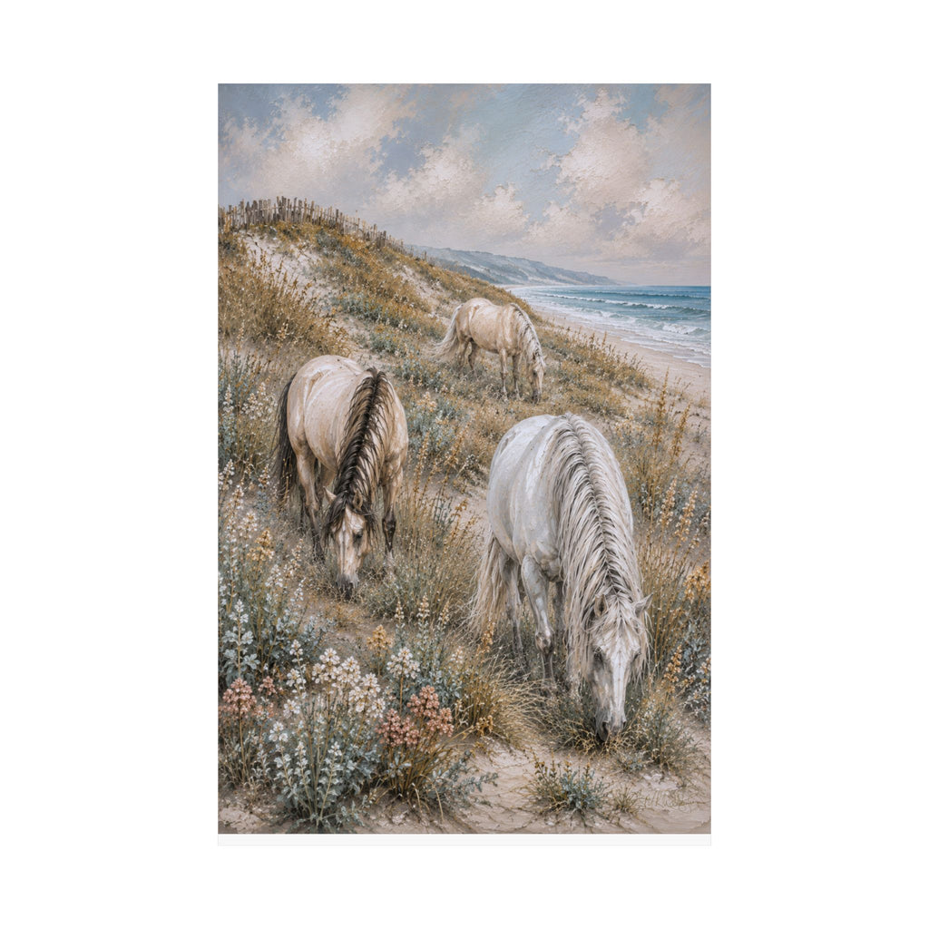 Three graceful horses graze among coastal dunes overlooking the sea in this serene equestrian artwork featuring soft neutral tones, textured details, and timeless seaside beauty.