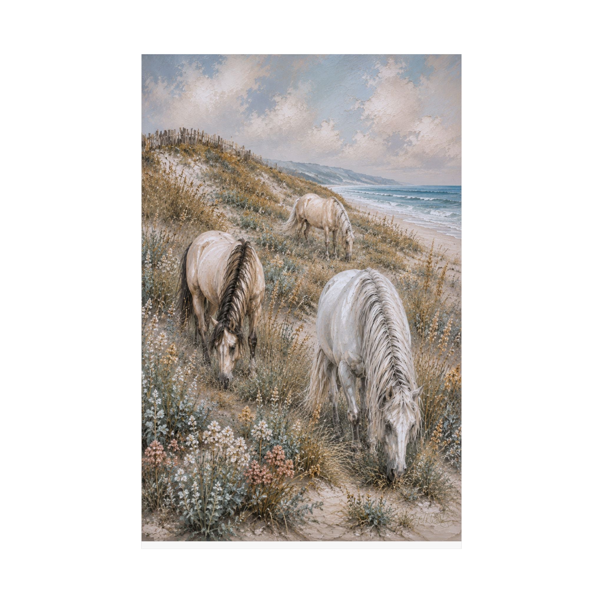 Three graceful horses graze among coastal dunes overlooking the sea in this serene equestrian artwork featuring soft neutral tones, textured details, and timeless seaside beauty.