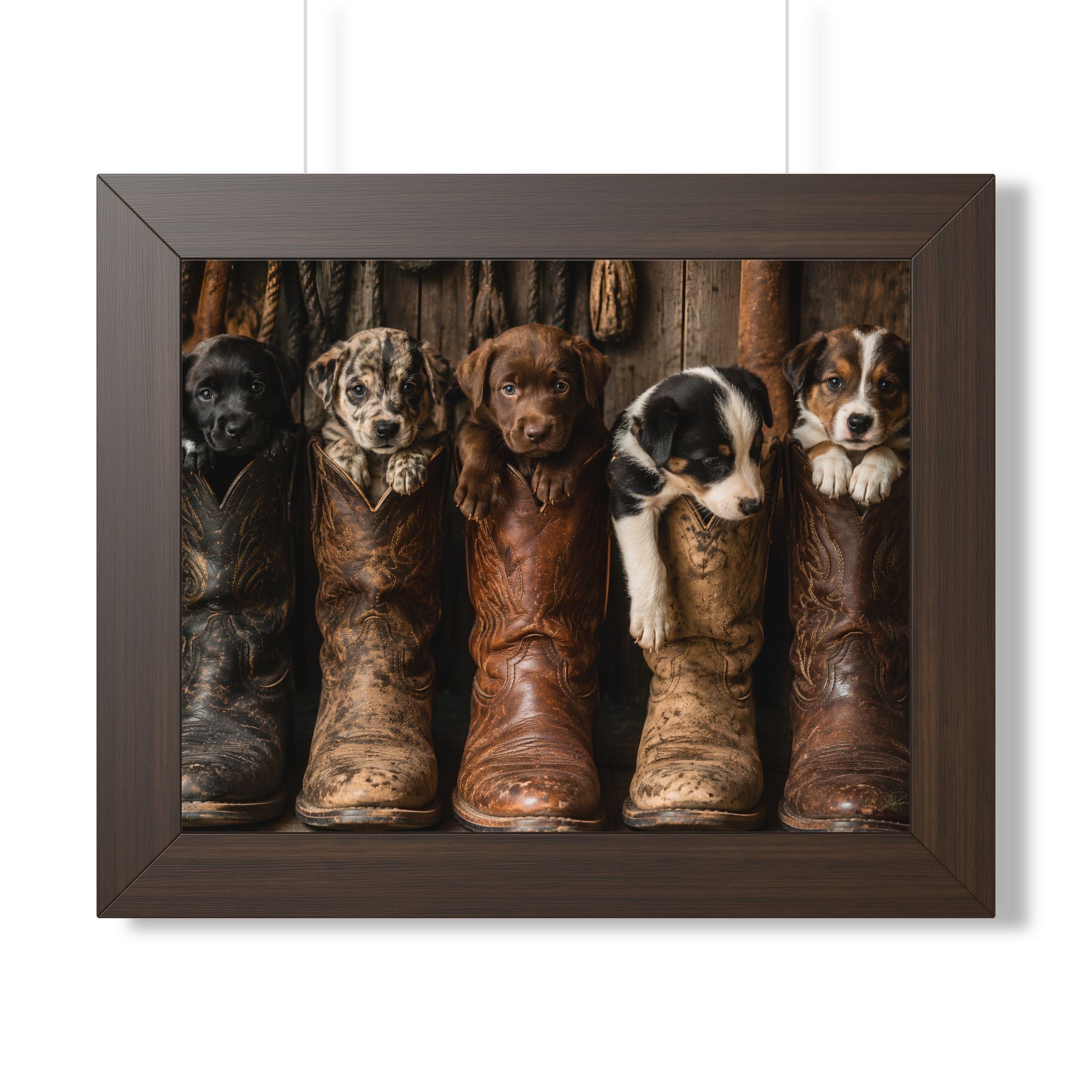 Brown Frame Wall Portrait Office  - Five adorable puppies nestled in weathered cowboy boots create a heartwarming scene filled with Western charm, playful personalities, and rustic country style.