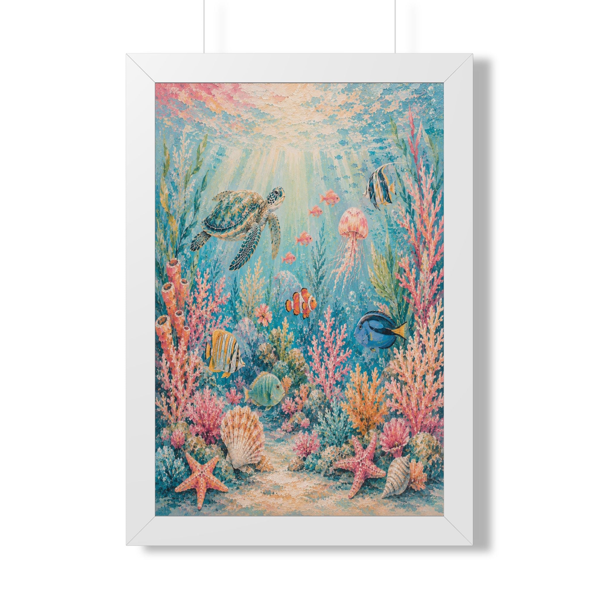 A graceful sea turtle explores a colorful coral reef beneath sparkling ocean waters.