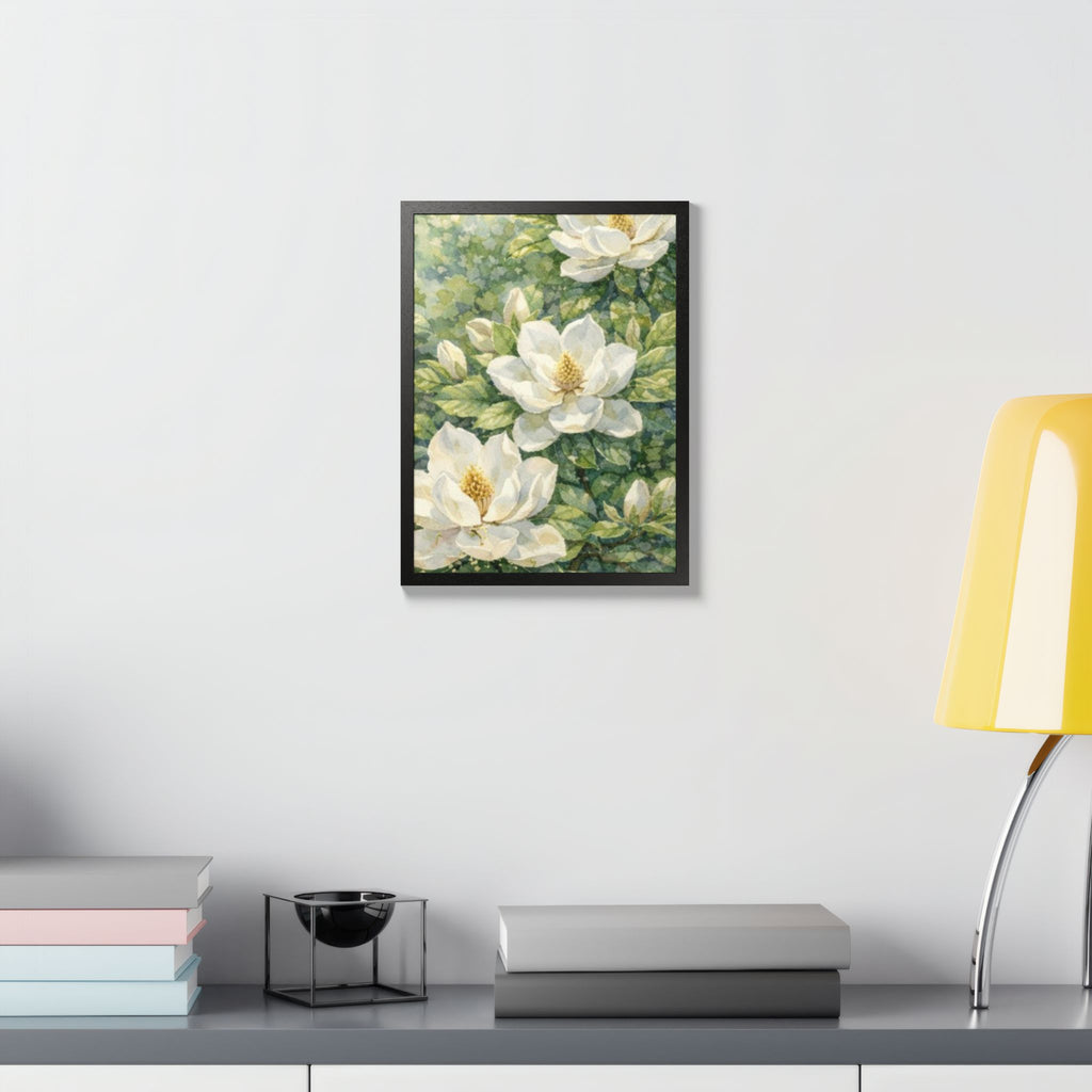 Magnolia Blossom Watercolor Framed Poster — Southern Botanical Wall Art