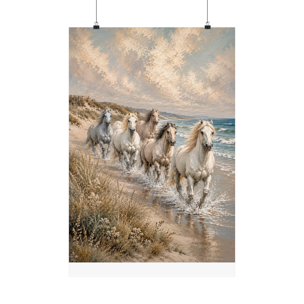 Run With The Tide -  Matte Poster — Horse Beach Wall Art (Cream Sand Blue)