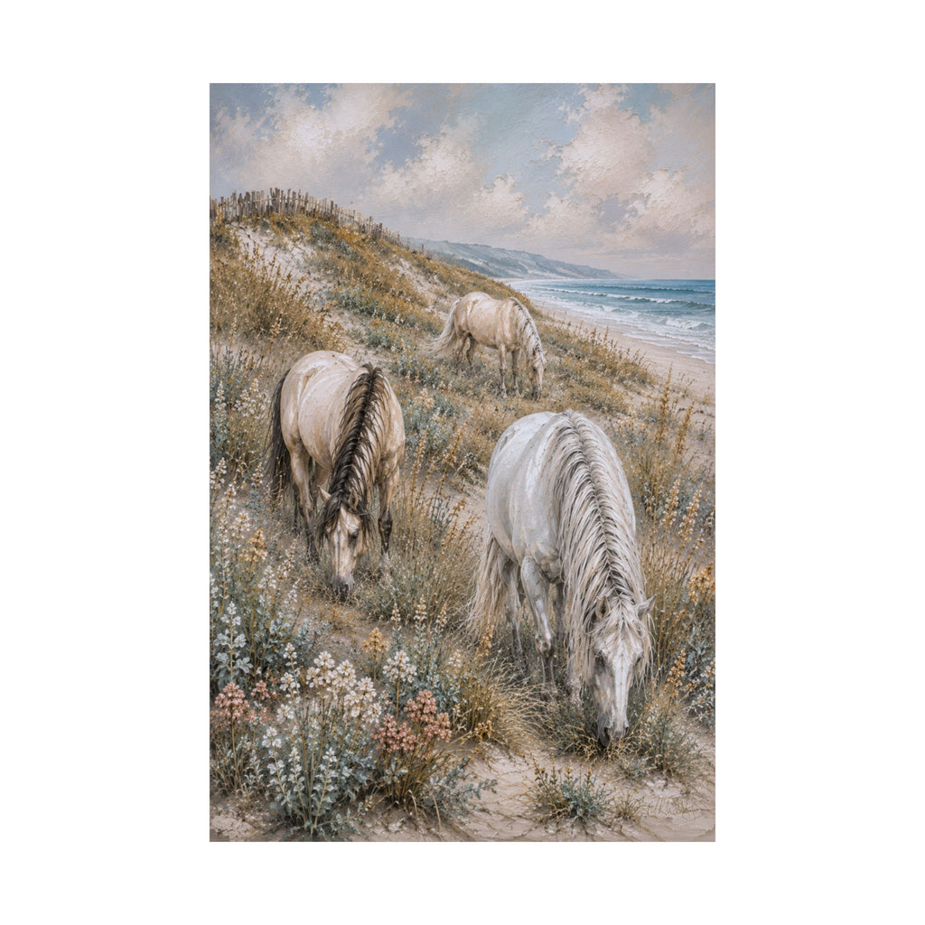 Three graceful horses graze among coastal dunes overlooking the sea in this serene equestrian artwork featuring soft neutral tones, textured details, and timeless seaside beauty.
