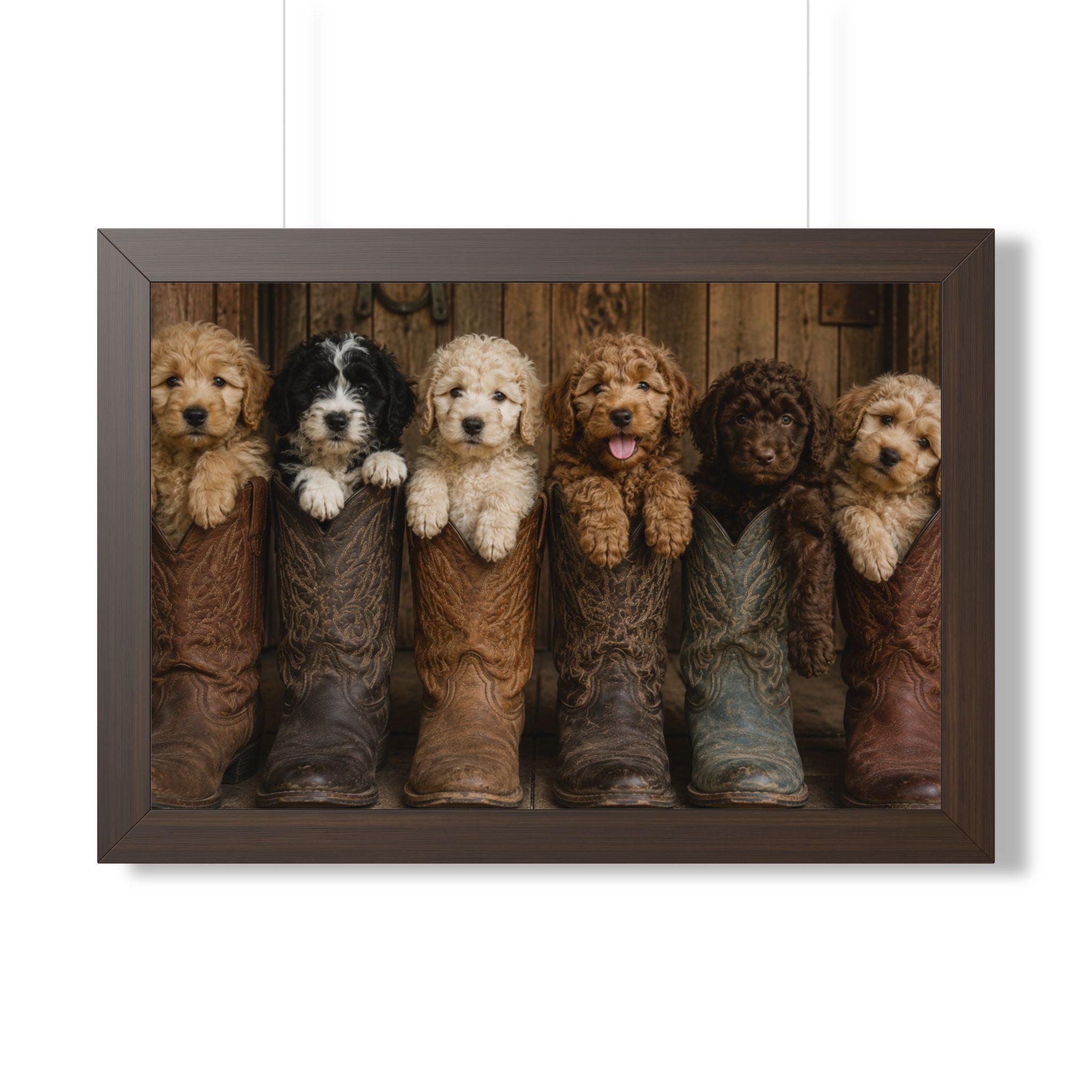 Entryway - Six adorable puppies nestled inside weathered cowboy boots create a heartwarming blend of Western charm, playful personalities, and rustic farmhouse style.