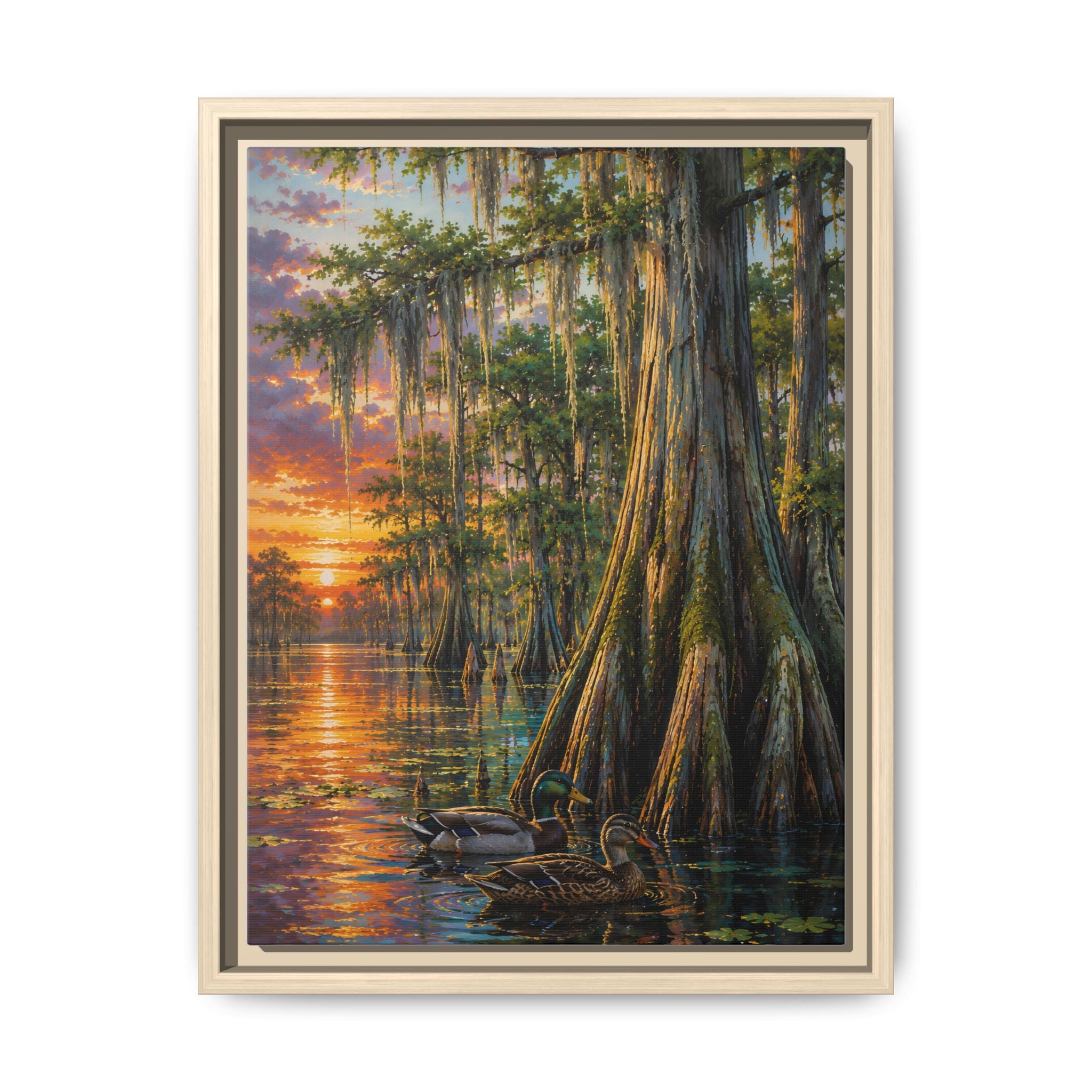 Natural - A serene Southern wetland painting featuring majestic cypress trees, glowing sunset reflections, and peaceful waters. Rich colors and timeless beauty make this signed artwork a stunning addition to traditional, coastal, farmhouse, and rustic interiors.