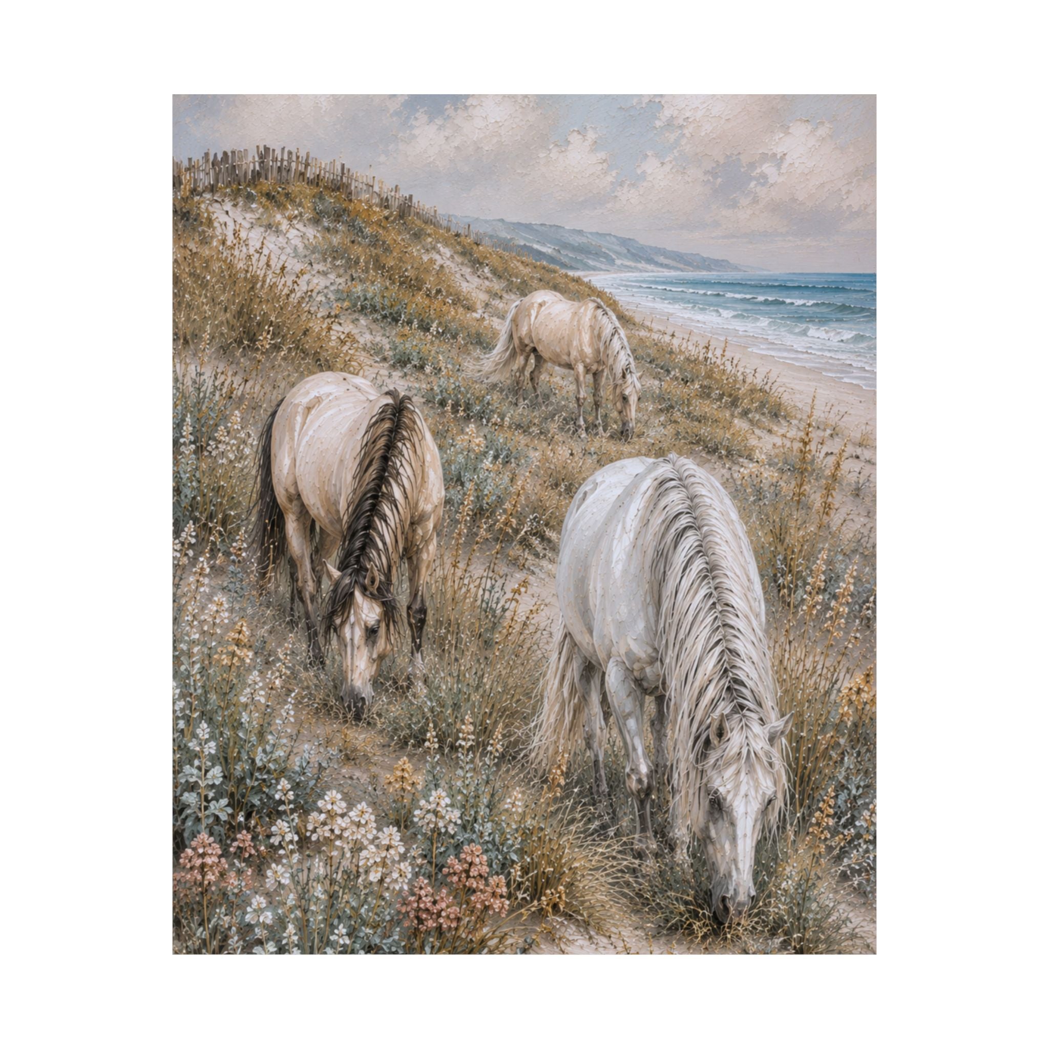 Three graceful horses graze among coastal dunes overlooking the sea in this serene equestrian artwork featuring soft neutral tones, textured details, and timeless seaside beauty.
