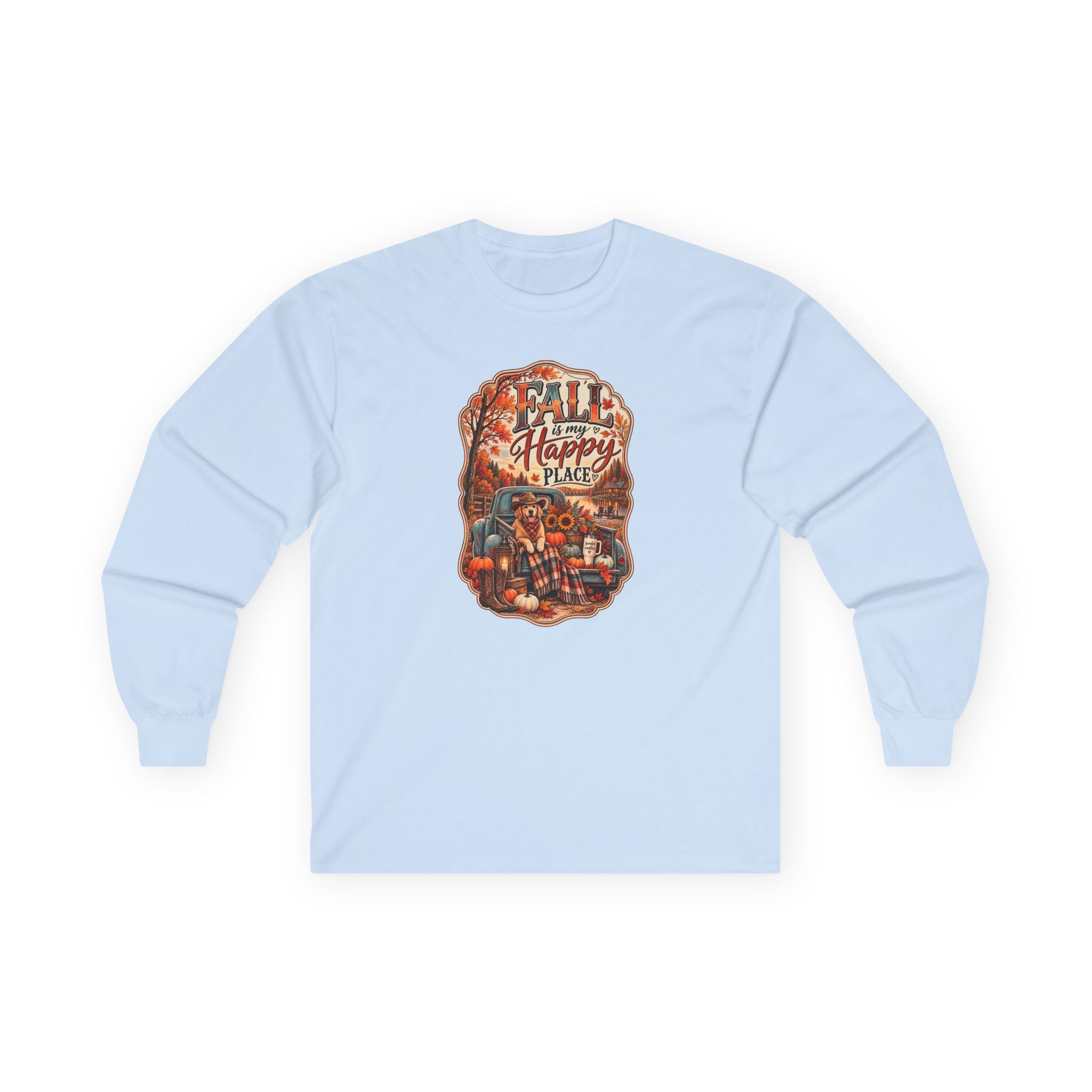 Fall Is My Happy Place | Golden Retriever Fall Shirt | Country Autumn Dog Design | Vintage Truck Pumpkin Sweatshirt - Unisex Ultra Cotton Long Sleeve Tee
