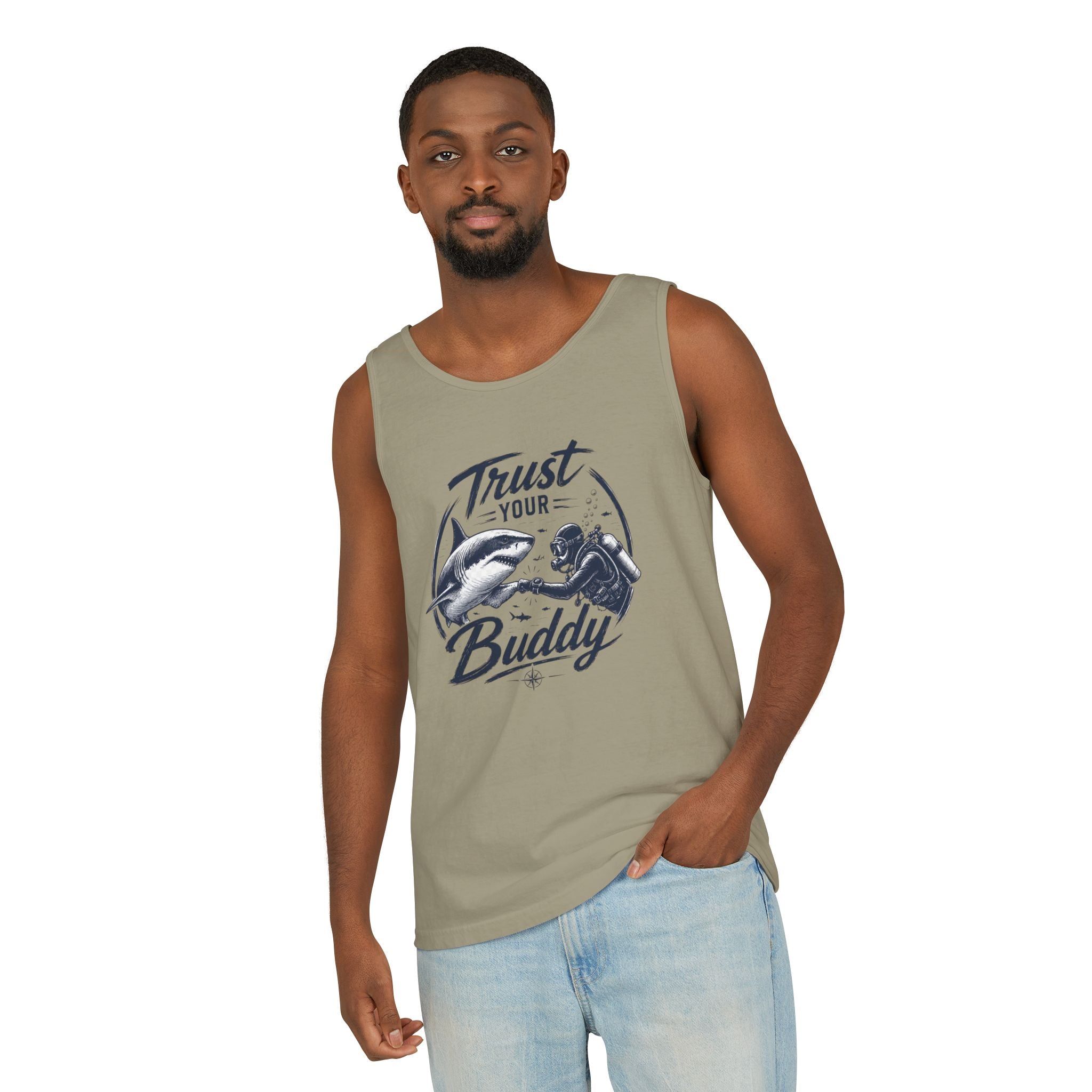 Trust Your Buddy | Vintage Scuba Diver Graphic Shirt | Keep the Ocean Wild -  Unisex Garment-Dyed Tank Top
