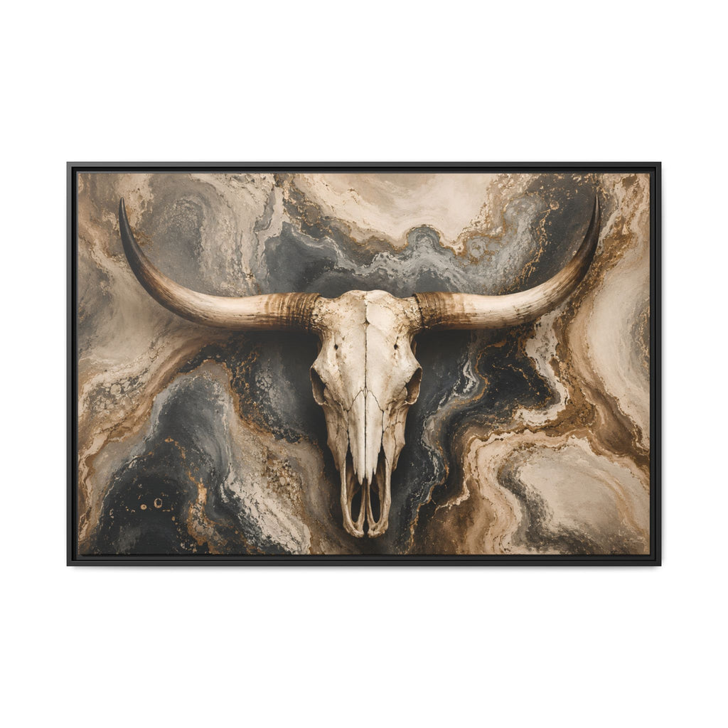 Western longhorn skull artwork featuring a dramatic marbled background in ivory, charcoal, taupe, and gold. Modern ranch-inspired wall art blending rustic Western heritage with luxury farmhouse and contemporary home décor styles. Up close.
