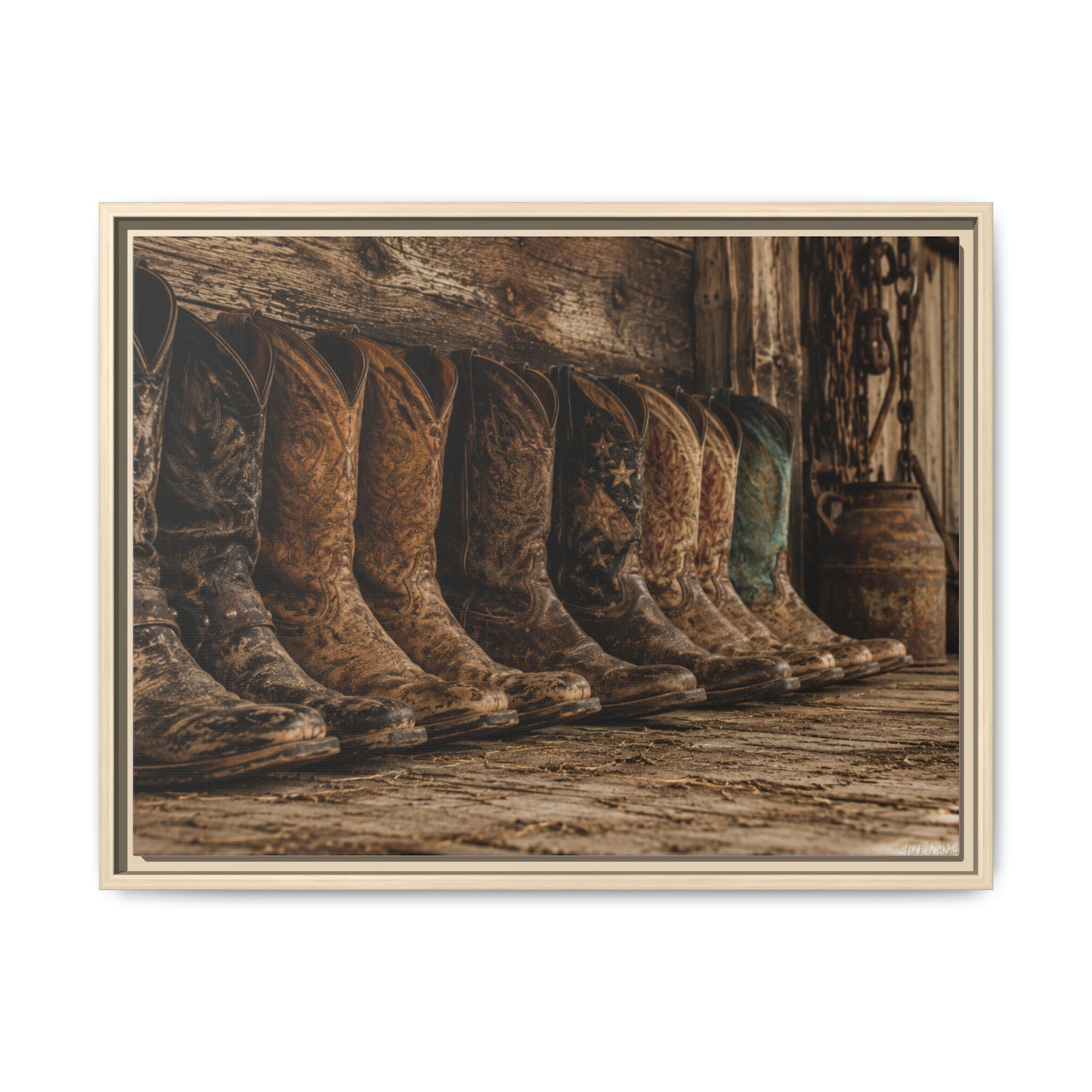 light colored frame - A collection of weathered cowboy boots lined against a rustic barn wall, celebrating the craftsmanship, heritage, and enduring spirit of the American West.