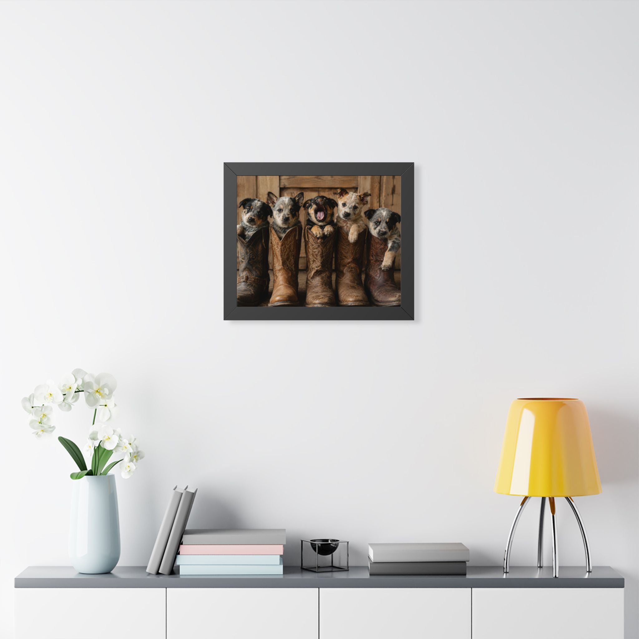 Office - Adorable puppies peeking from weathered cowboy boots create a heartwarming blend of Western charm, playful personalities, and rustic farmhouse style.