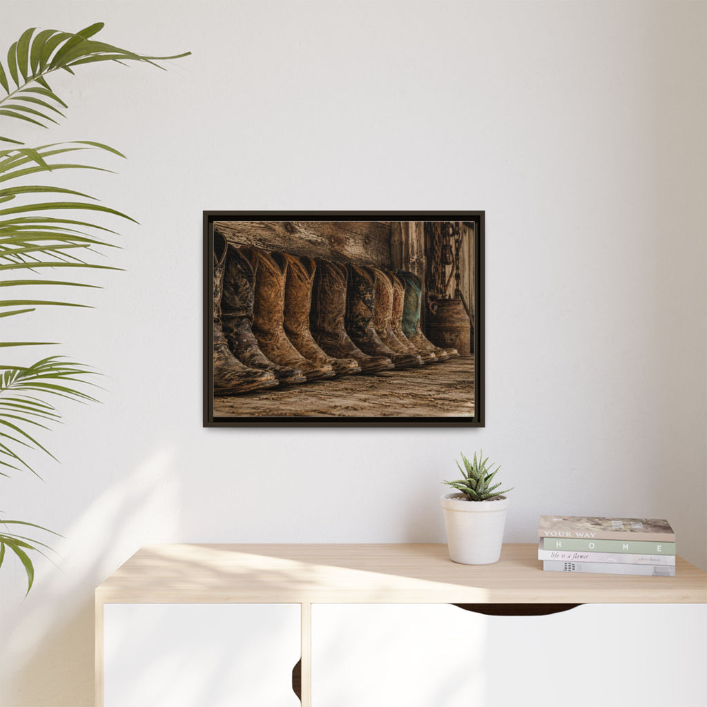 Legends in Leather - Framed Matte Canvas Print — Vintage Cowboy Boots Wall Art