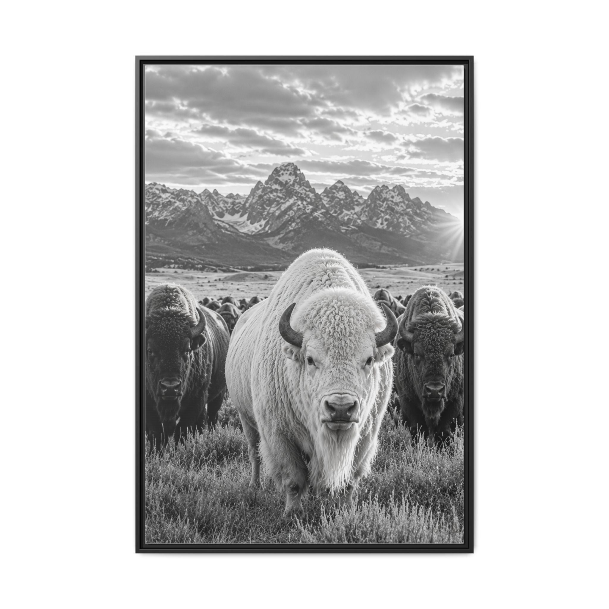 Entryway - A striking black-and-white wildlife photograph featuring a rare white bison leading its herd beneath towering mountain peaks. Bold, timeless, and rich with western character, this fine art image celebrates the power and majesty of the American wilderness.