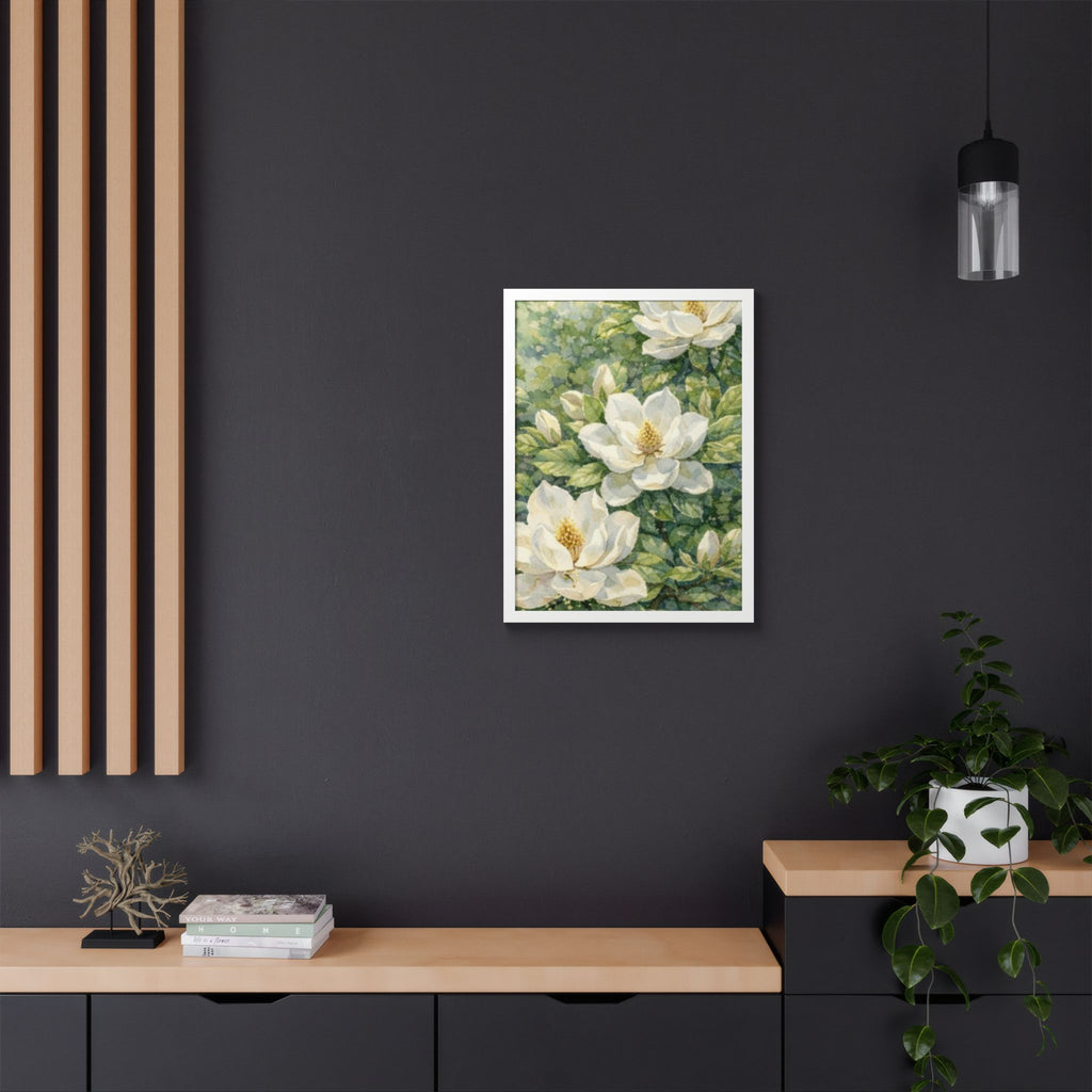 Magnolia Blossom Watercolor Framed Poster — Southern Botanical Wall Art