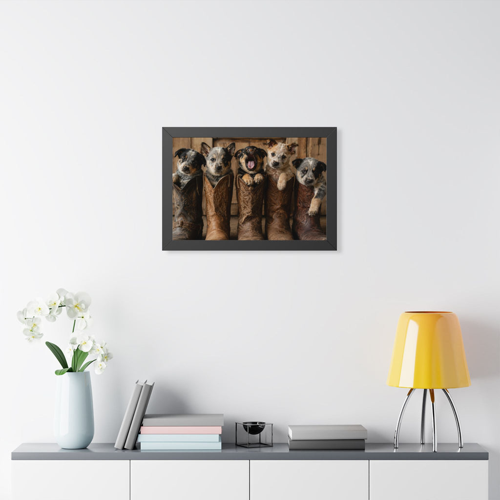 Black Frame in Office - Adorable puppies peeking from weathered cowboy boots create a heartwarming blend of Western charm, playful personalities, and rustic farmhouse style.