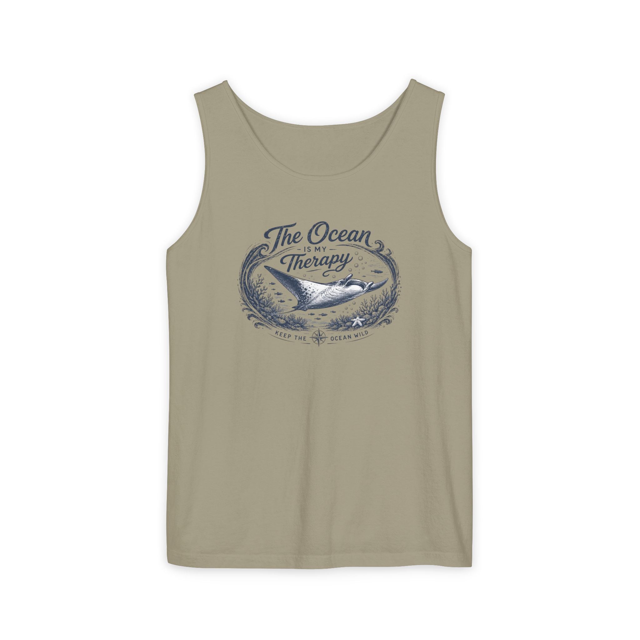 The Ocean Is My Therapy | Vintage Manta Ray Graphic Shirt | Keep the Ocean Wild - Unisex Garment-Dyed Tank Top