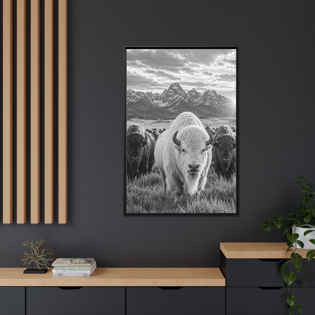 Office - A striking black-and-white wildlife photograph featuring a rare white bison leading its herd beneath towering mountain peaks. Bold, timeless, and rich with western character, this fine art image celebrates the power and majesty of the American wilderness.