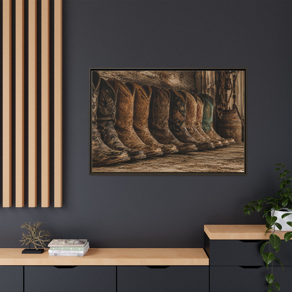 Office Area - A collection of weathered cowboy boots lined against a rustic barn wall, celebrating the craftsmanship, heritage, and enduring spirit of the American West.