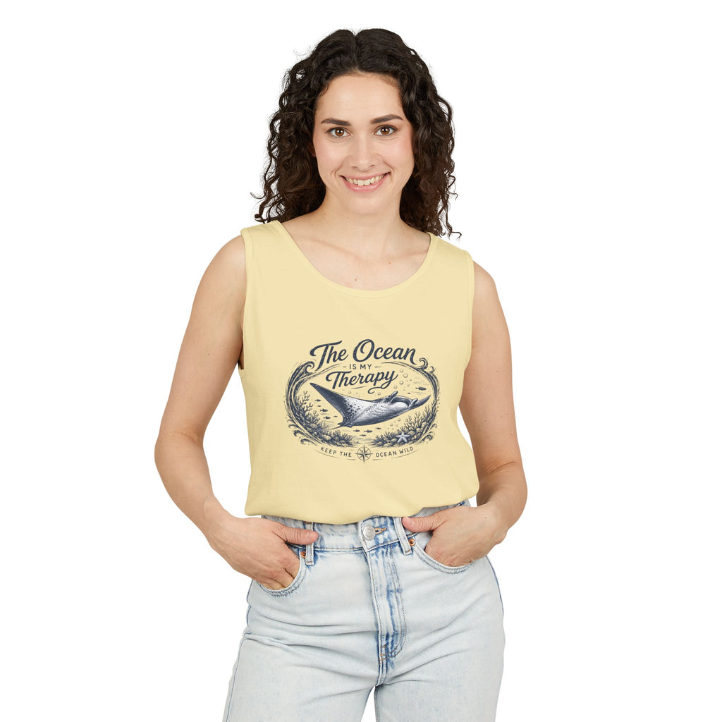 The Ocean Is My Therapy | Vintage Manta Ray Graphic Shirt | Keep the Ocean Wild - Unisex Garment-Dyed Tank Top