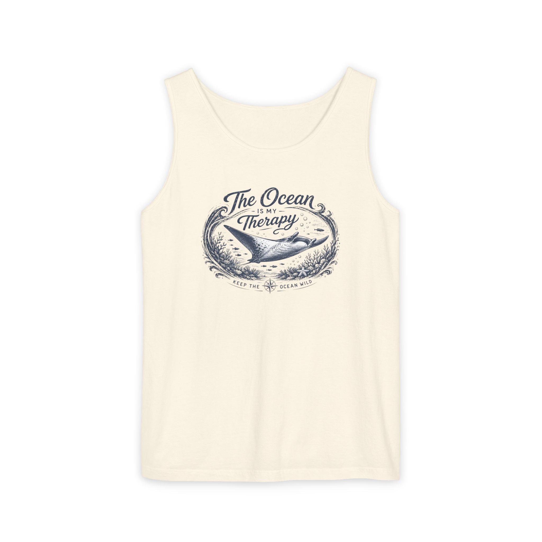 The Ocean Is My Therapy | Vintage Manta Ray Graphic Shirt | Keep the Ocean Wild - Unisex Garment-Dyed Tank Top