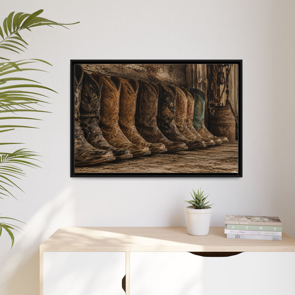Legends in Leather - Framed Matte Canvas Print — Vintage Cowboy Boots Wall Art