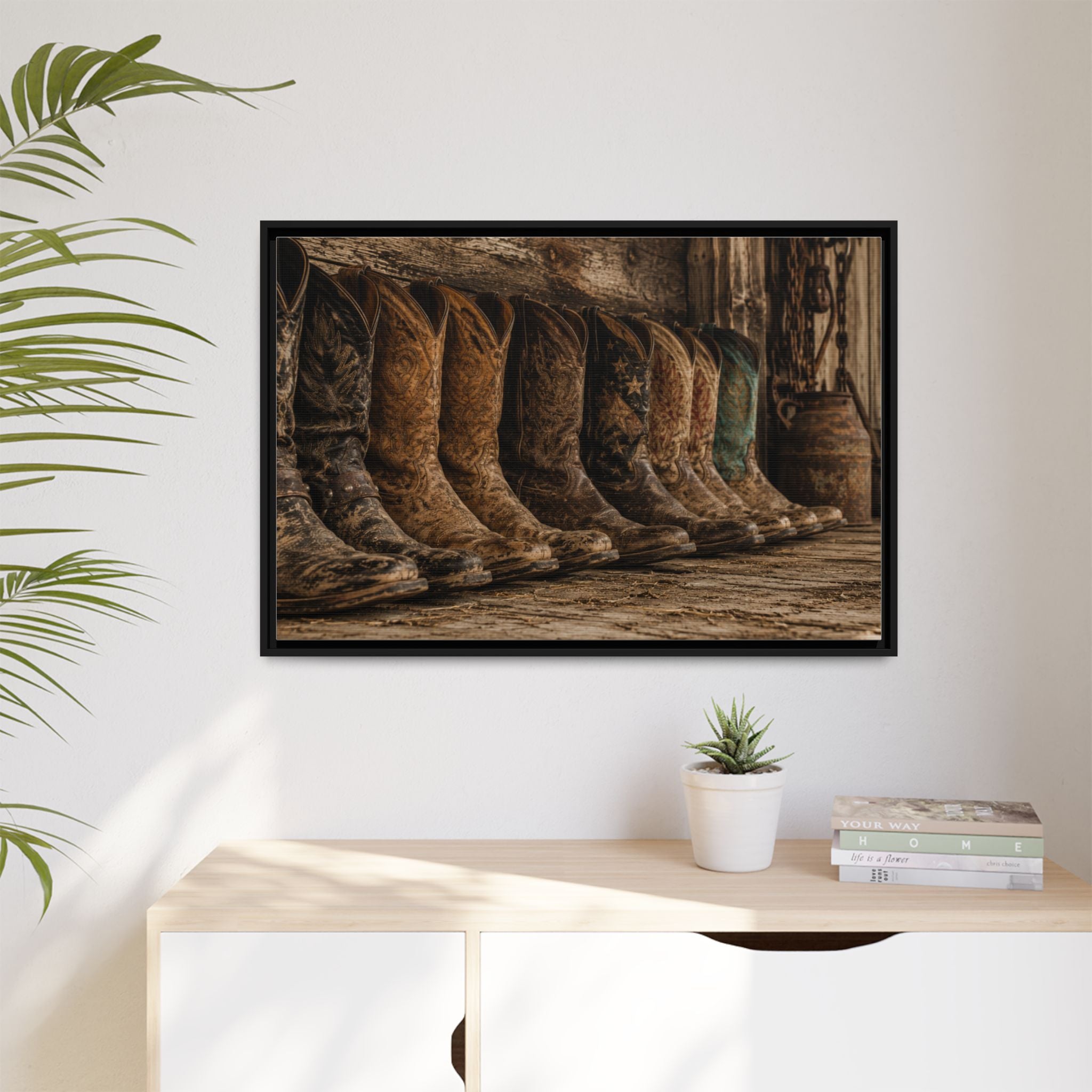 Legends in Leather - Framed Matte Canvas Print — Vintage Cowboy Boots Wall Art