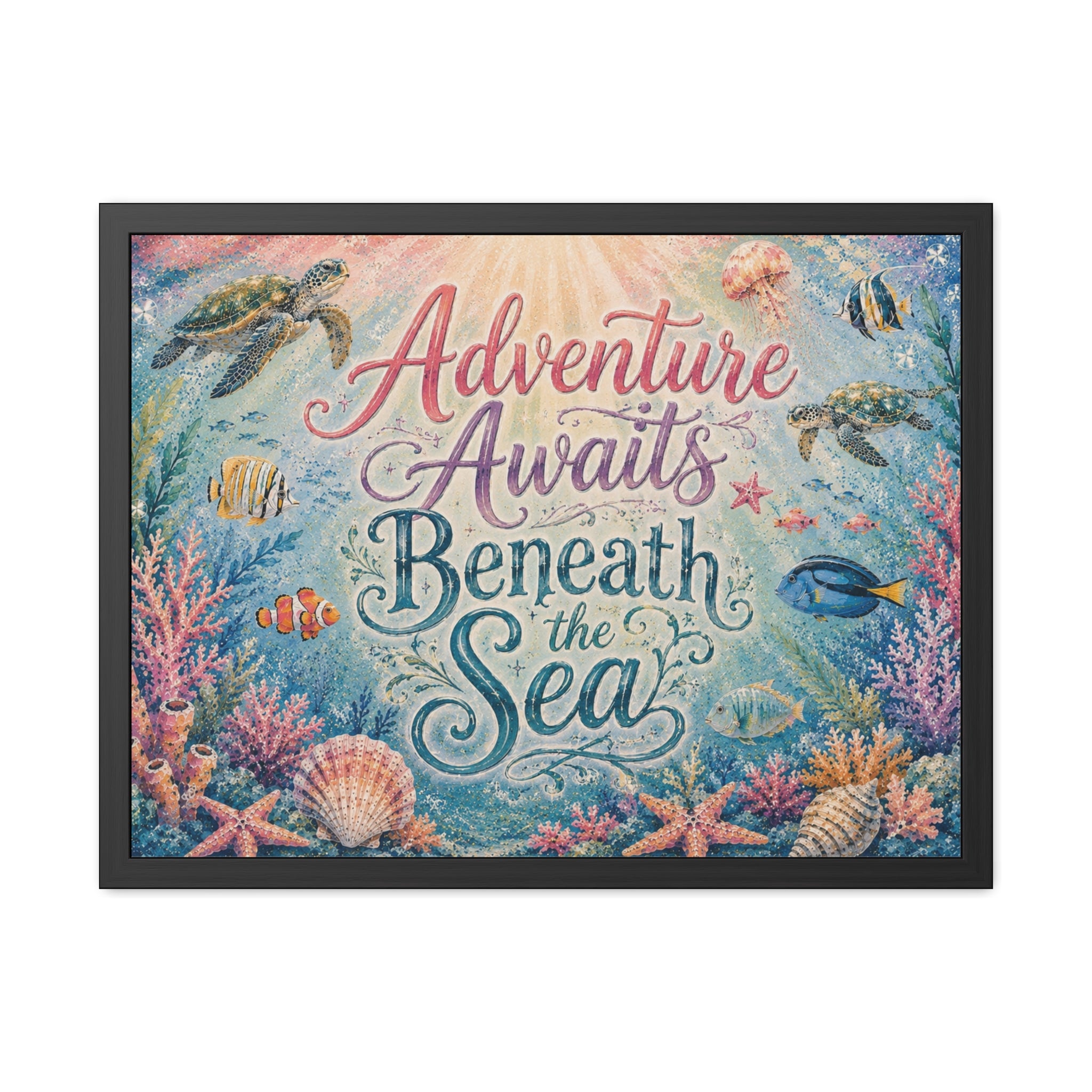 Whimsical ocean typography artwork combines elegant lettering with playful underwater details. Sea turtles, tropical fish, coral gardens, shells, and gentle ocean light. 