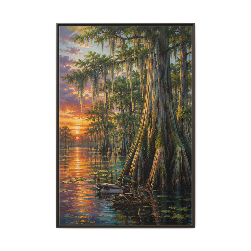 Framed - A serene Southern wetland painting featuring majestic cypress trees, glowing sunset reflections, and peaceful waters. Rich colors and timeless beauty make this signed artwork a stunning addition to traditional, coastal, farmhouse, and rustic interiors.- 