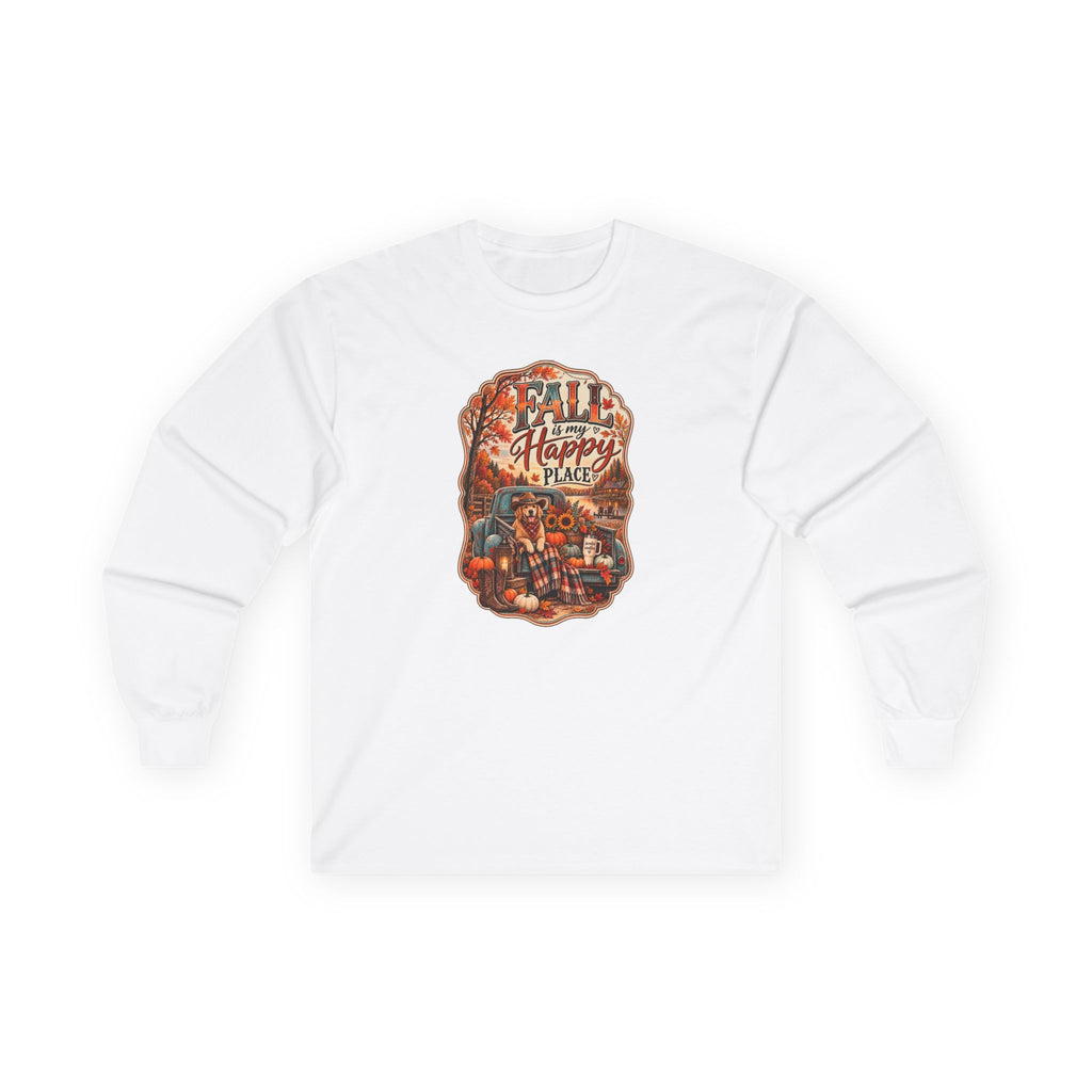 Fall Is My Happy Place | Golden Retriever Fall Shirt | Country Autumn Dog Design | Vintage Truck Pumpkin Sweatshirt - Unisex Ultra Cotton Long Sleeve Tee