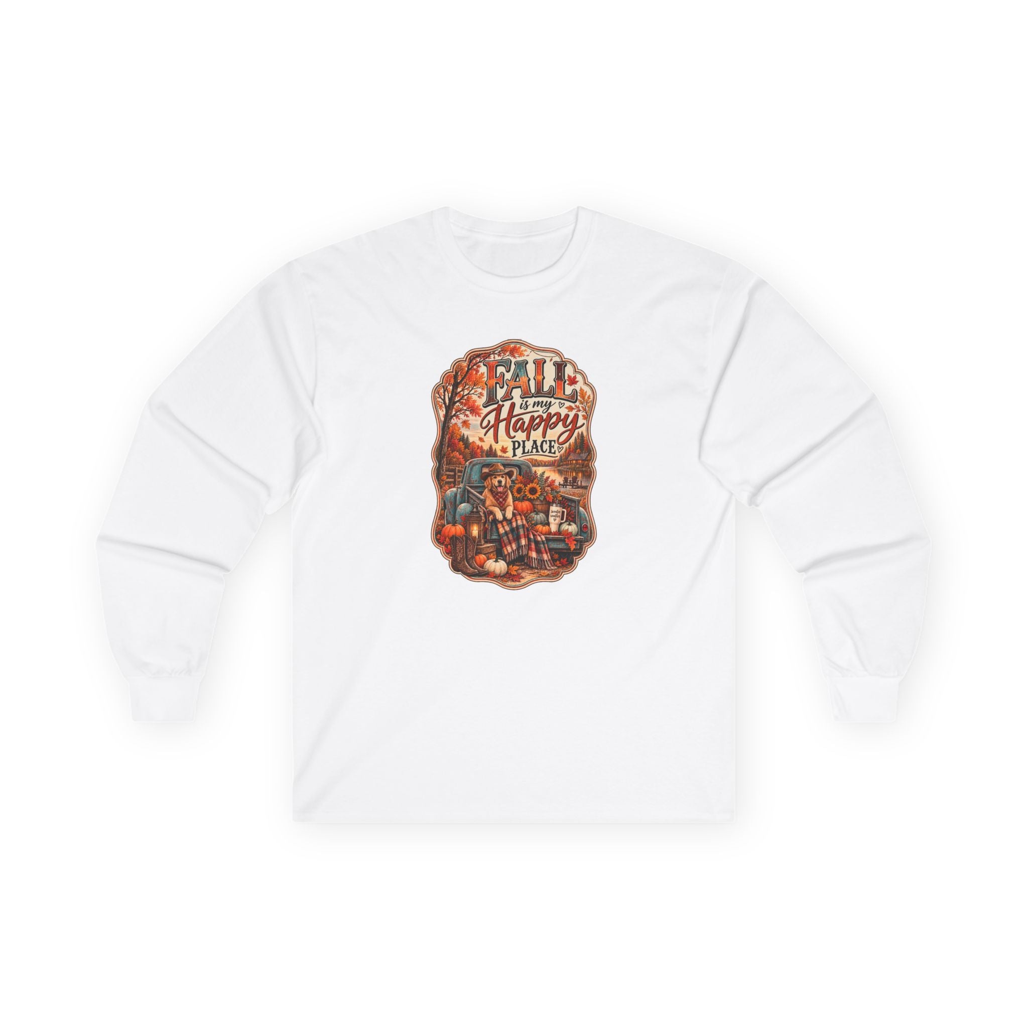 Fall Is My Happy Place | Golden Retriever Fall Shirt | Country Autumn Dog Design | Vintage Truck Pumpkin Sweatshirt - Unisex Ultra Cotton Long Sleeve Tee