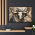 In office Western longhorn skull artwork featuring a dramatic marbled background in ivory, charcoal, taupe, and gold. Modern ranch-inspired wall art blending rustic Western heritage with luxury farmhouse and contemporary home décor styles.