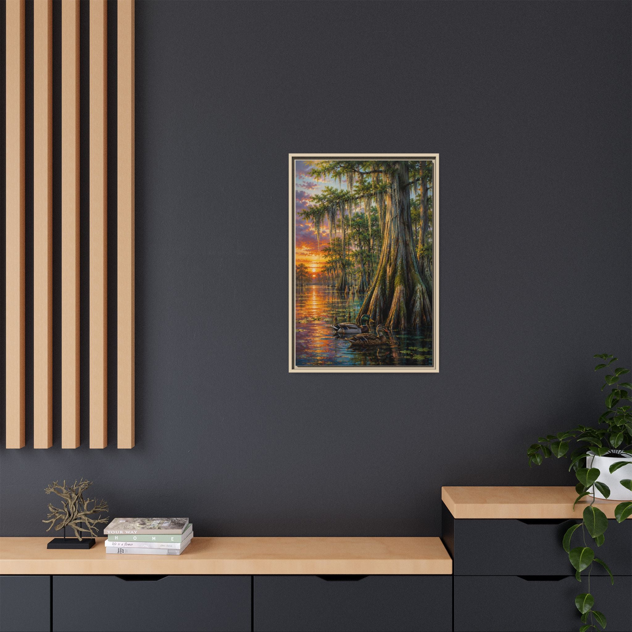 A serene Southern wetland painting featuring majestic cypress trees, glowing sunset reflections, and peaceful waters. Rich colors and timeless beauty make this signed artwork a stunning addition to traditional, coastal, farmhouse, and rustic interiors.