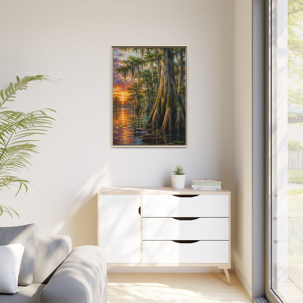 Entryway - A serene Southern wetland painting featuring majestic cypress trees, glowing sunset reflections, and peaceful waters. Rich colors and timeless beauty make this signed artwork a stunning addition to traditional, coastal, farmhouse, and rustic interiors.