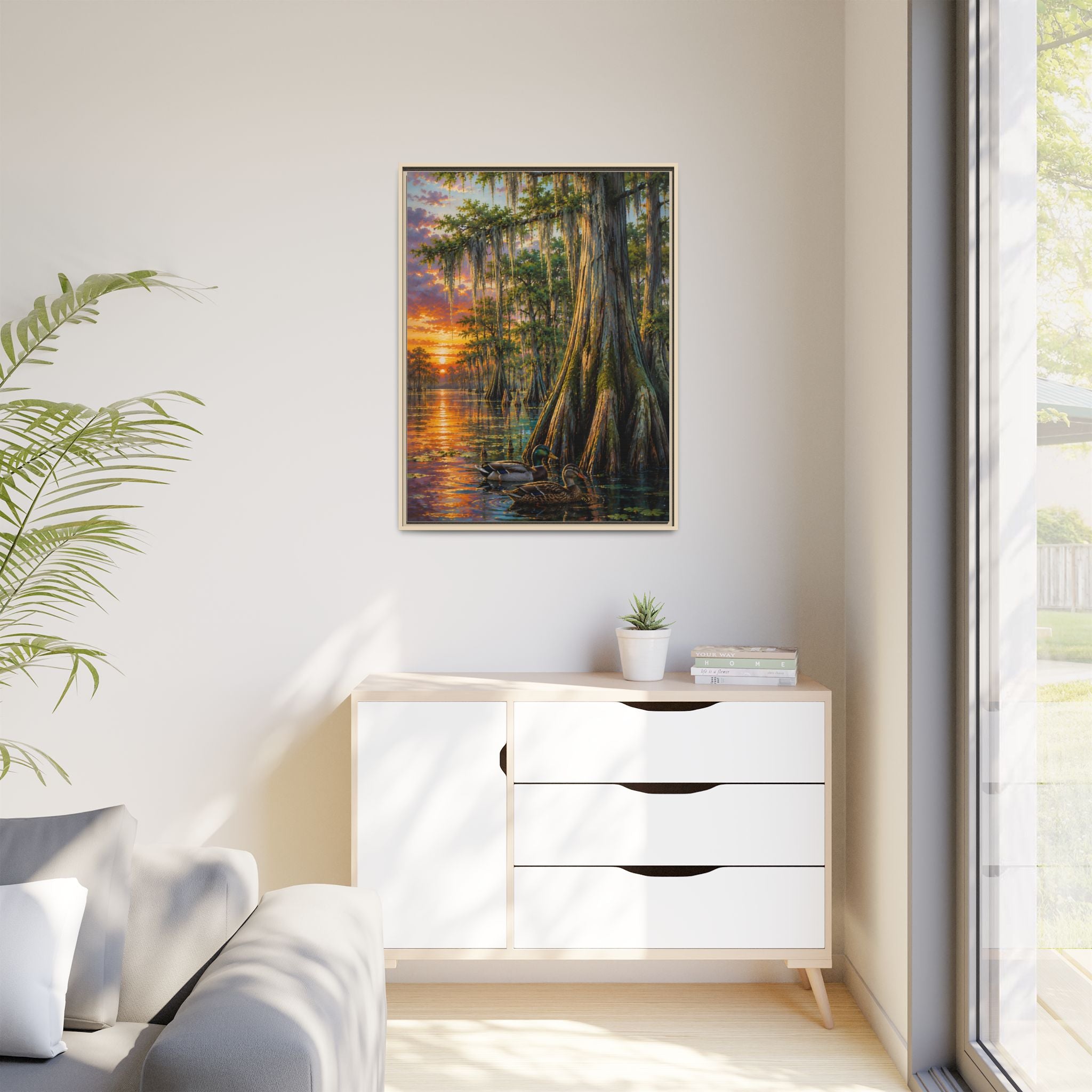 Entryway - A serene Southern wetland painting featuring majestic cypress trees, glowing sunset reflections, and peaceful waters. Rich colors and timeless beauty make this signed artwork a stunning addition to traditional, coastal, farmhouse, and rustic interiors.
