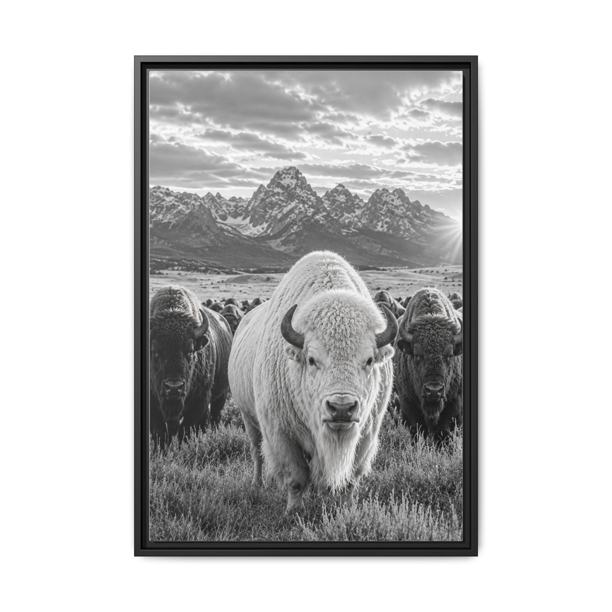 A striking black-and-white wildlife photograph featuring a rare white bison leading its herd beneath towering mountain peaks. Bold, timeless, and rich with western character, this fine art image celebrates the power and majesty of the American wilderness.